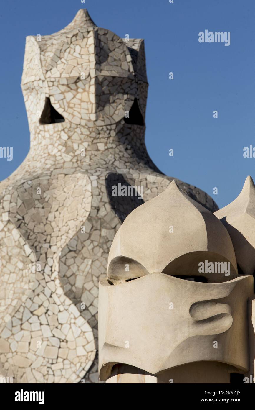 Barcelona, Catalonia, Spain. February 1. Datail of ventilation towers, knowed as The Soldiers or The Martians. of the Casa Mila, knowed as La Pedrera, of catalan architec Antoni Gaudí. La Pedrera is one of more important representative of modernism in Barcelona, Spain  (Photo by Miquel Llop/NurPhoto) *** Please Use Credit from Credit Field *** Stock Photo