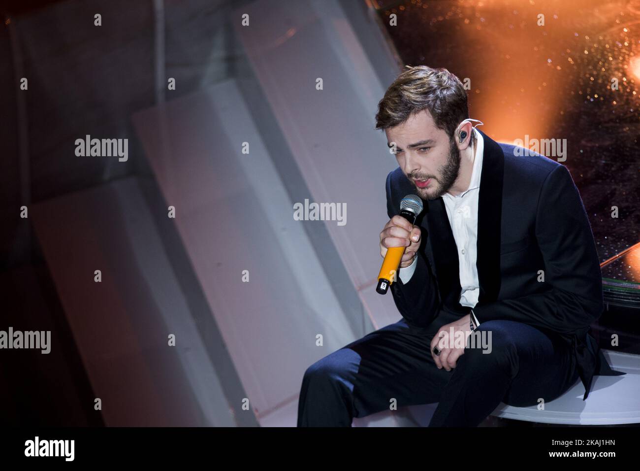 Lorenzo Fragola attends the 66th Sanremo Music Festival on February 11, 2016. (Photo by Manuel Romano/NurPhoto) *** Please Use Credit from Credit Field *** Stock Photo