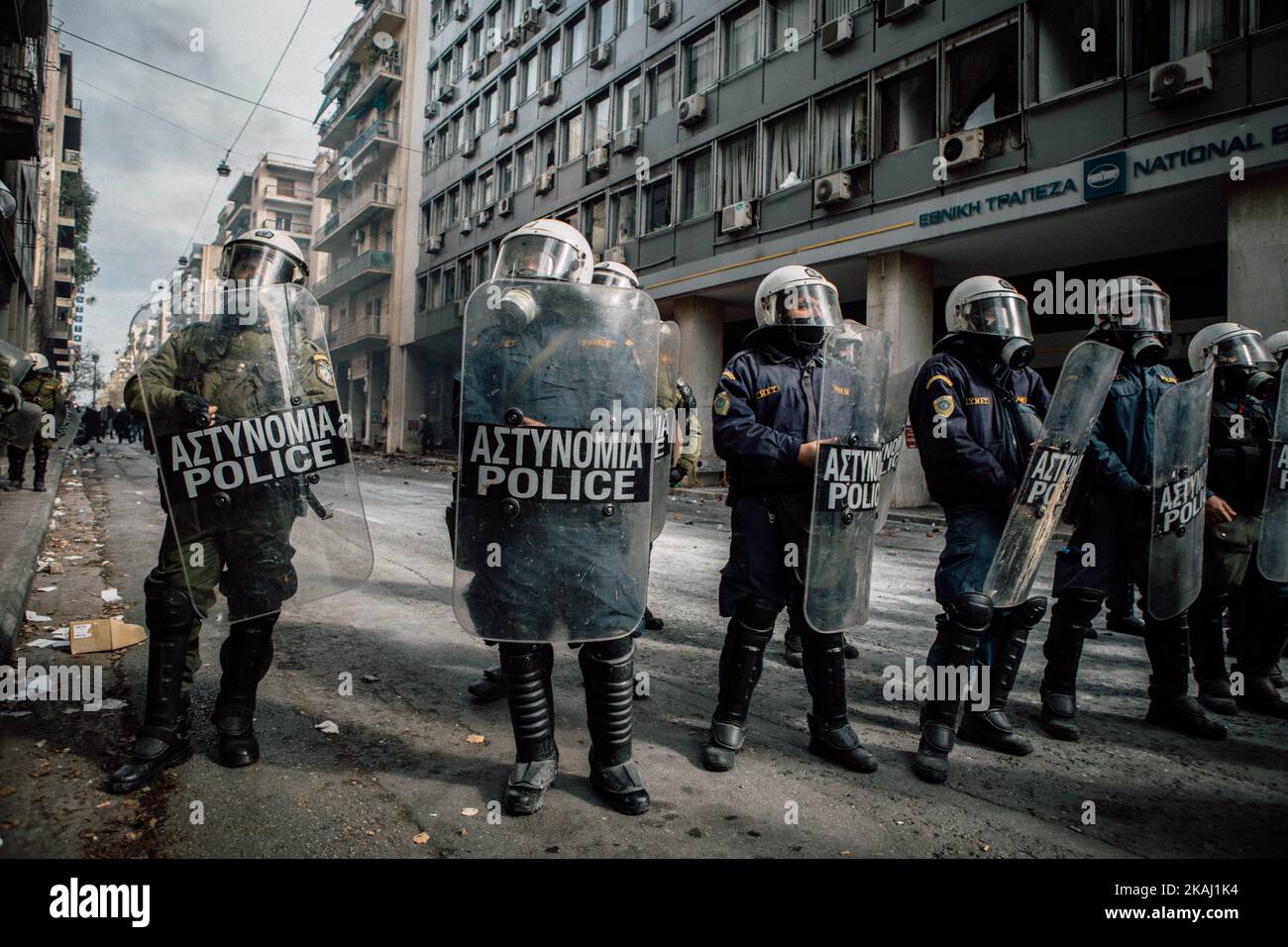 Greek farmers clash with police during a protest against austerity and pension reforms near the Agriculture ministry in Athens, Greece, February 12, 2016. (Photo by Andrea DiCenzo/NurPhoto) *** Please Use Credit from Credit Field *** Stock Photo