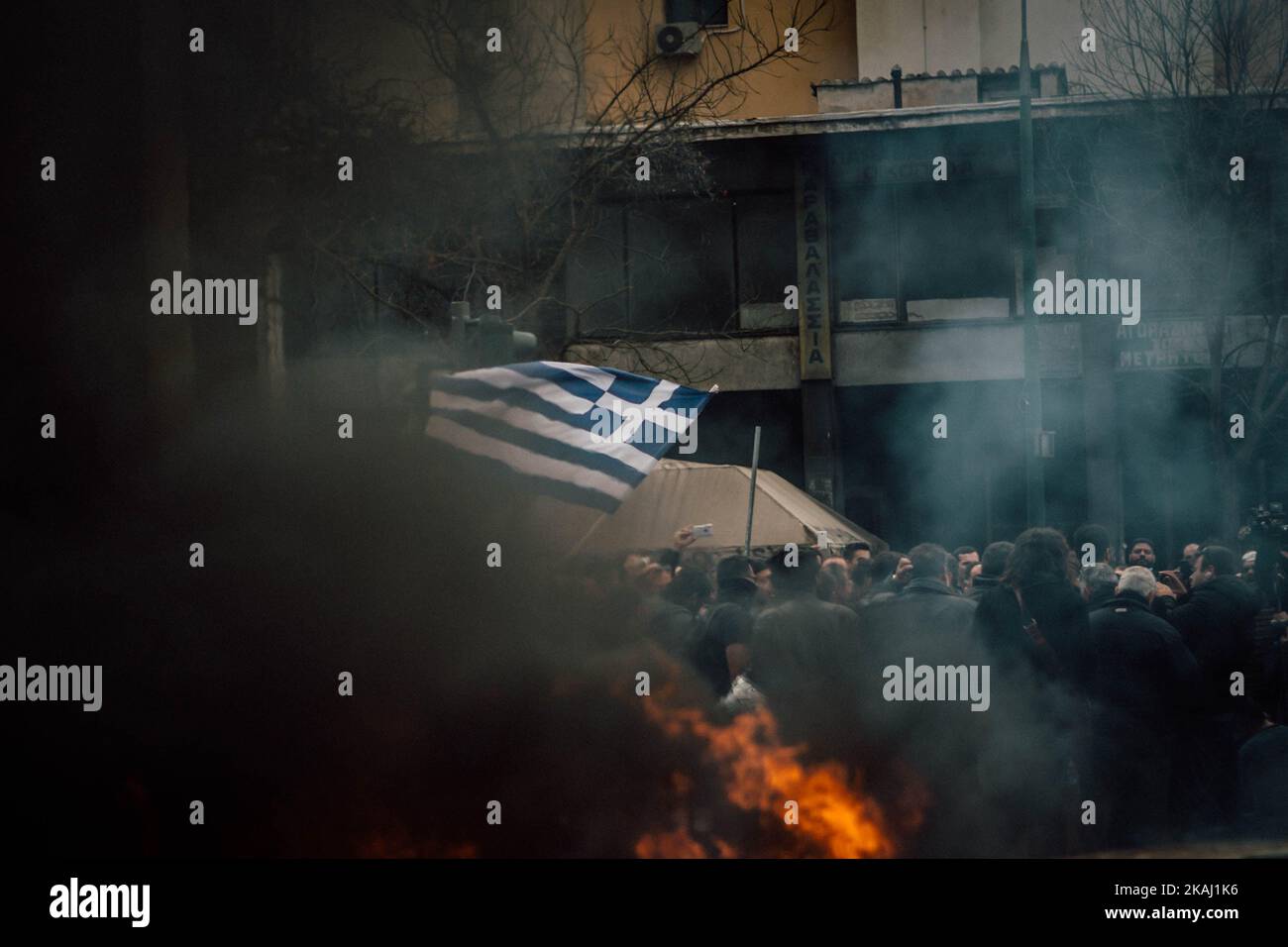 Greek farmers clash with police during a protest against austerity and pension reforms near the Agriculture ministry in Athens, Greece, February 12, 2016. (Photo by Andrea DiCenzo/NurPhoto) *** Please Use Credit from Credit Field *** Stock Photo