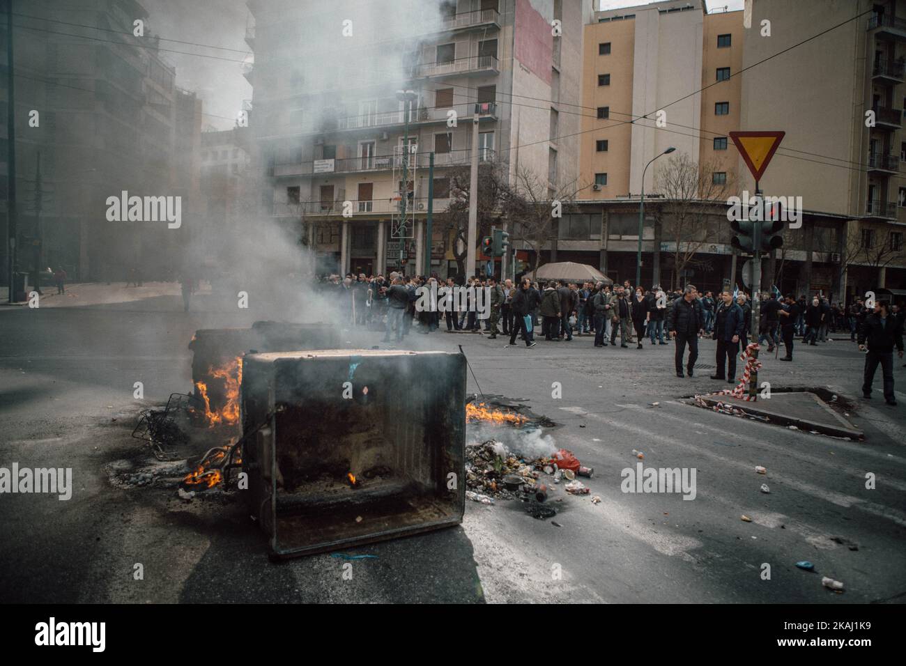 Greek farmers clash with police during a protest against austerity and pension reforms near the Agriculture ministry in Athens, Greece, February 12, 2016. (Photo by Andrea DiCenzo/NurPhoto) *** Please Use Credit from Credit Field *** Stock Photo