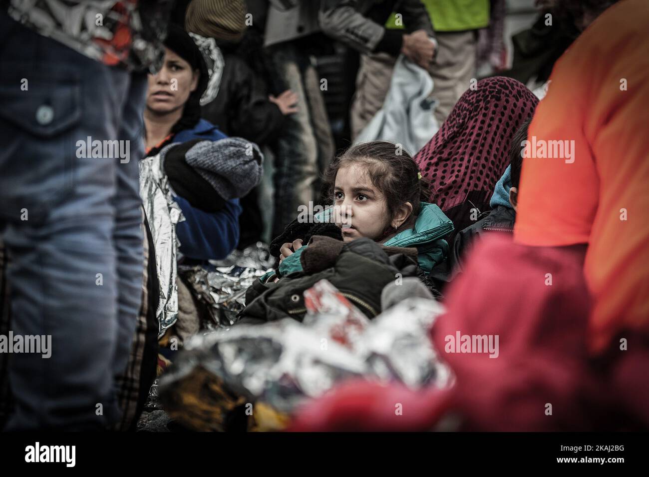 Migrants in Mytilene, island of Lesbos, Greece, on February 24, 2016. More than 110,000 migrants and refugees have crossed the Mediterranean to Greece and Italy so far this year, and 413 have lost their lives trying, the International Organization for Migration said on February 23, 2016.  Stock Photo