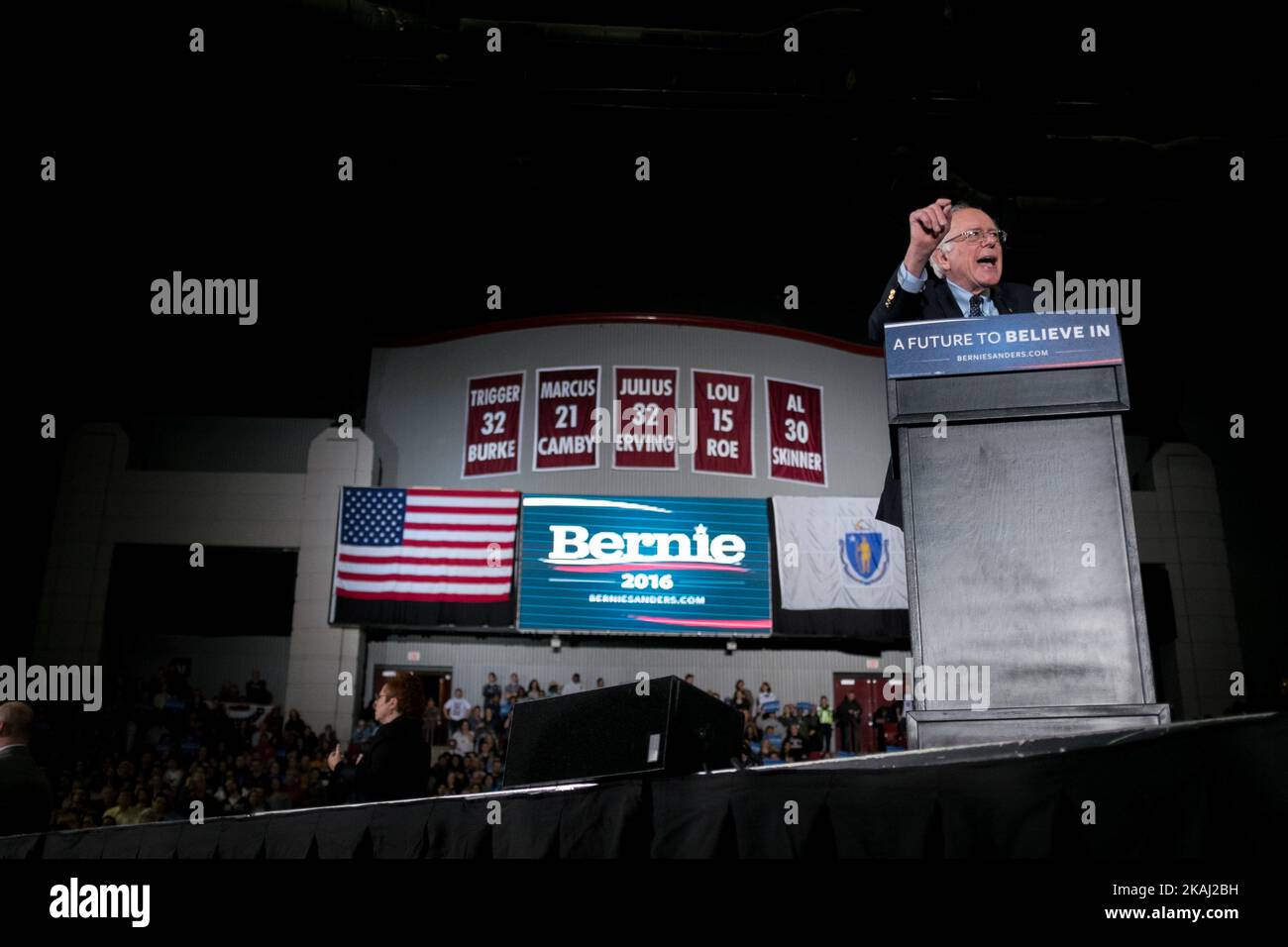 Bernie Sanders holds a rally at an arena on the campus of UMass Amherst ...