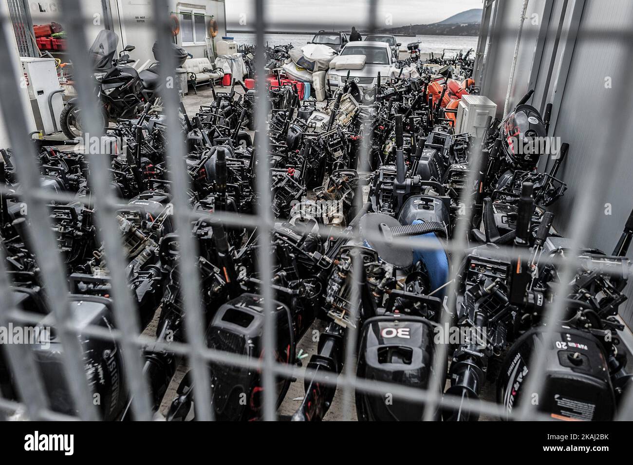 Motors of boats in Mytilene, island of Lesbos, Greece, on February 24, 2016. More than 110,000 migrants and refugees have crossed the Mediterranean to Greece and Italy so far this year, and 413 have lost their lives trying, the International Organization for Migration said on February 23, 2016.  Stock Photo