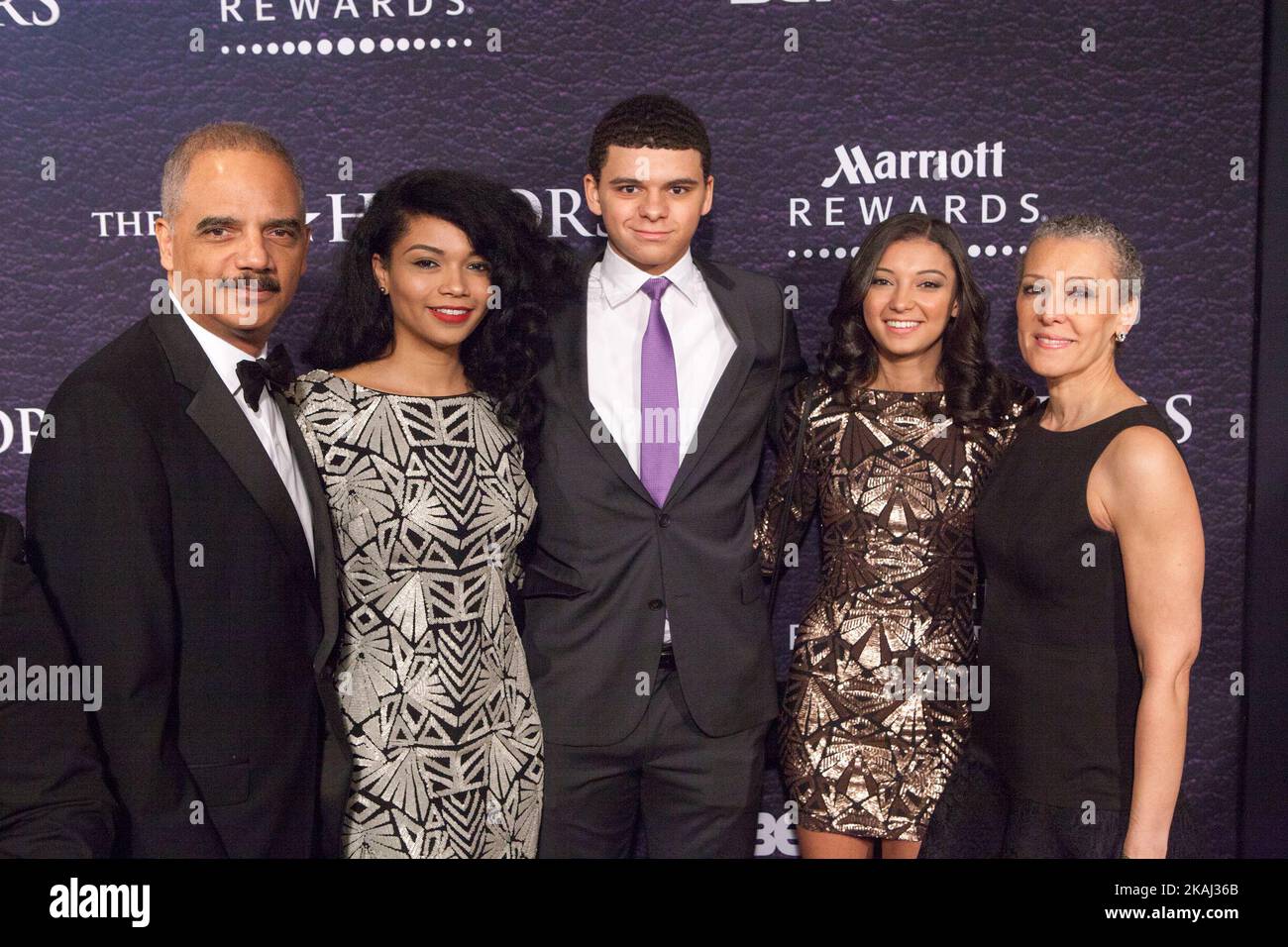 (l-r), Honoree Eric Himpton Holder, Jr., his daughter Brooke, his son Eric Holder III, his daughter Maya ,and his wife Dr. Sharon Malone Holder, on the red carpet for BET Honors.  (Photo by Cheriss May/NurPhoto) *** Please Use Credit from Credit Field *** Stock Photo