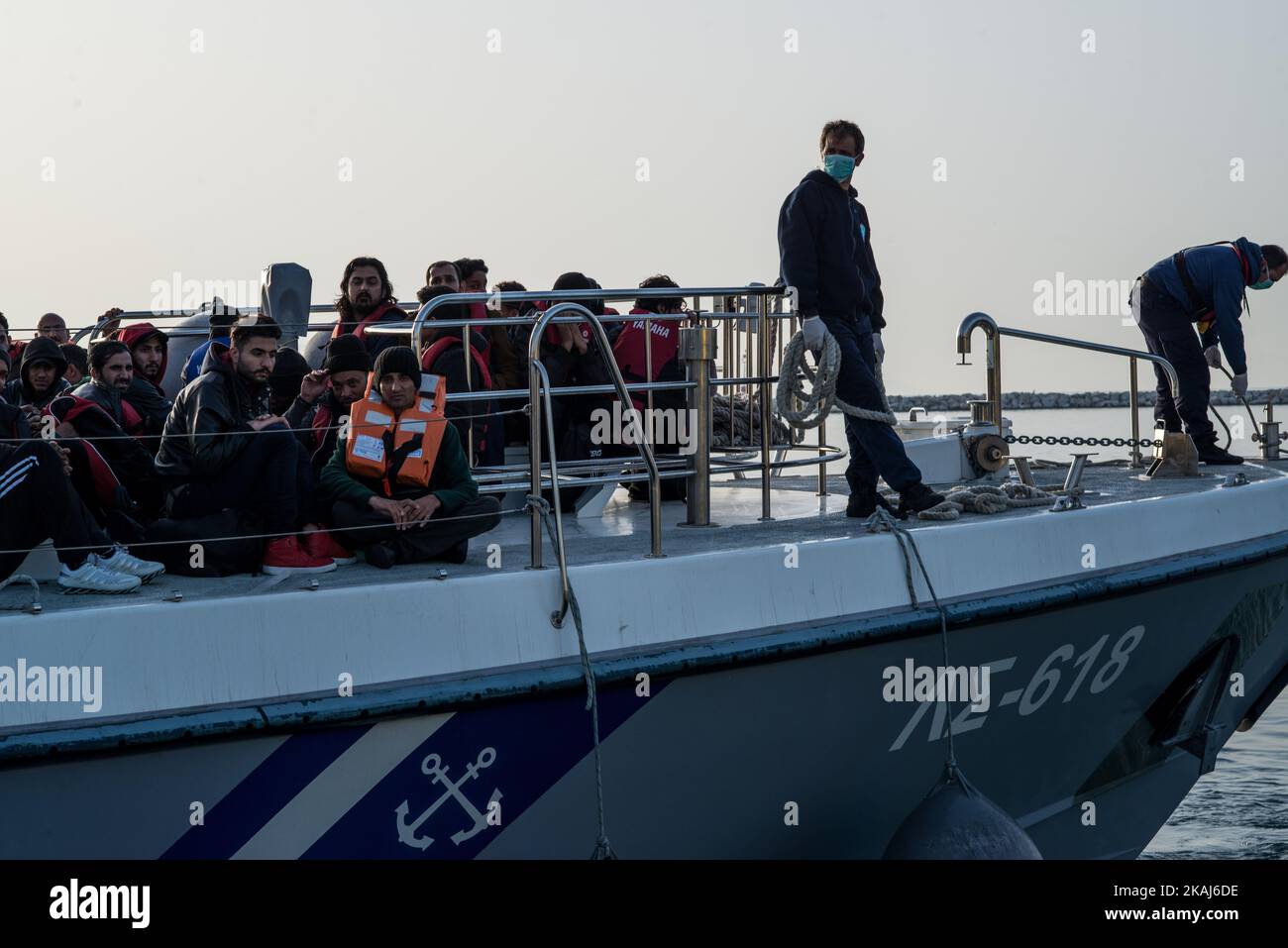 Around 60 migrants were picked up by the Greek coast guards in the sea which separates Turkey from the Greek in the port of Mytilene on the Greek island of Lesbos on April 14 2016. (Photo by Guillaume Pinon/NurPhoto) *** Please Use Credit from Credit Field *** Stock Photo