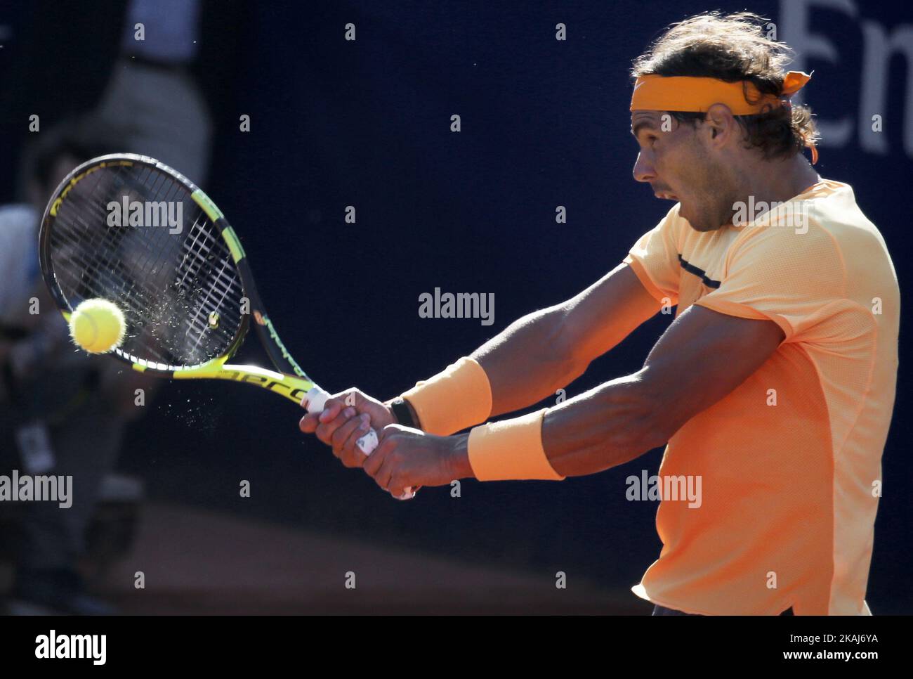 Rafa Nadal during que match against Kei Nishikori, corresponding to the final of the Open Banc Sabadell, 64 Trophy Conde de Godo, played on the RCT Barcelona1899. Stock Photo