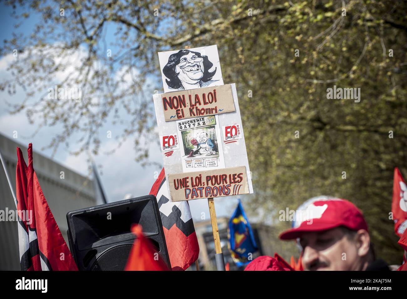 A sign indicating that el Khomri law is a law for employers during the fourth national demonstration against the labor law El Khomri. Lille, Northern France, April 28, 2016 (Photo by Julien Pitinome/NurPhoto) *** Please Use Credit from Credit Field *** Stock Photo