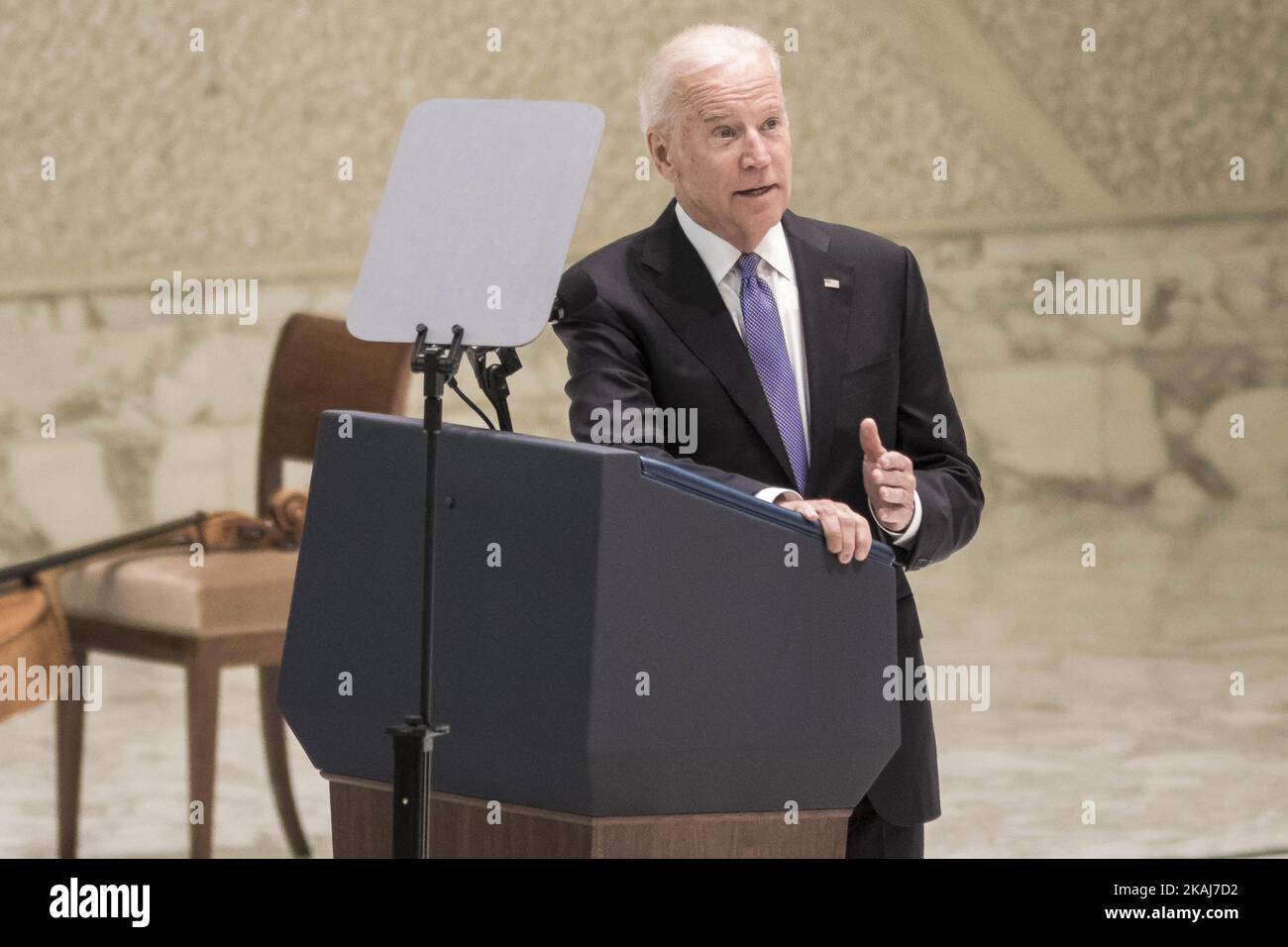 US Vice President Joe Biden delivers his speech at a special audience celebrates by Pope Francis with participants at a congress on the progress of regenerative medicine and its cultural impact in the Paul VI hall in Vatican City, Vatican on April 29, 2016.(Photo by Giuseppe Ciccia/NurPhoto) *** Please Use Credit from Credit Field *** Stock Photo