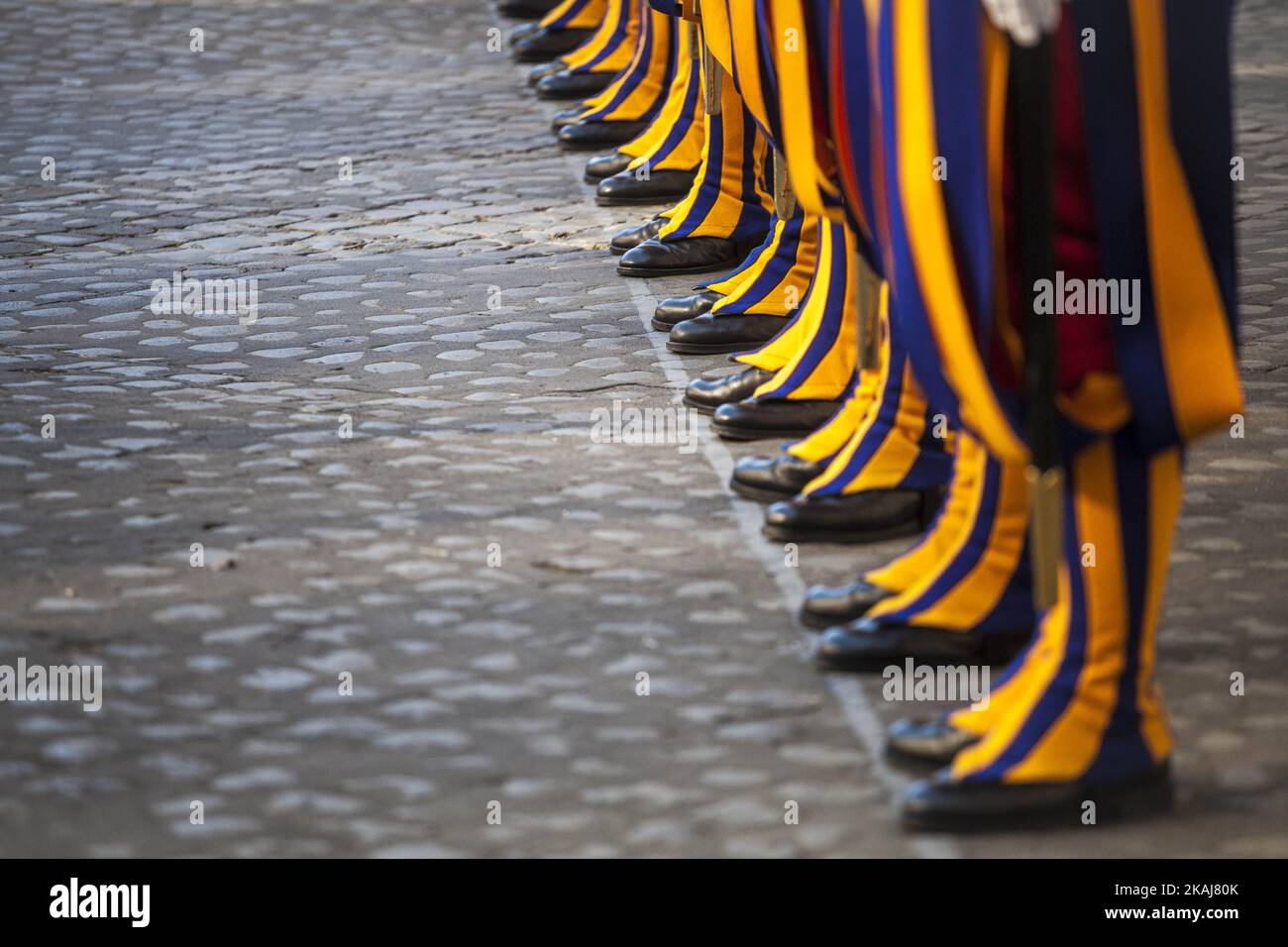 Swiss Guards take part in a swearing-in ceremony   in San Damaso Courtyard, Vatican on May 06, 2016. The annual swearing-in ceremony for the new papal Swiss Guards takes place on May 6, commemorating the 147 who died defending Pope Clement VII on the same day in 1527 during the sack of Rome.(Photo by Giuseppe Ciccia/NurPhoto) Stock Photo