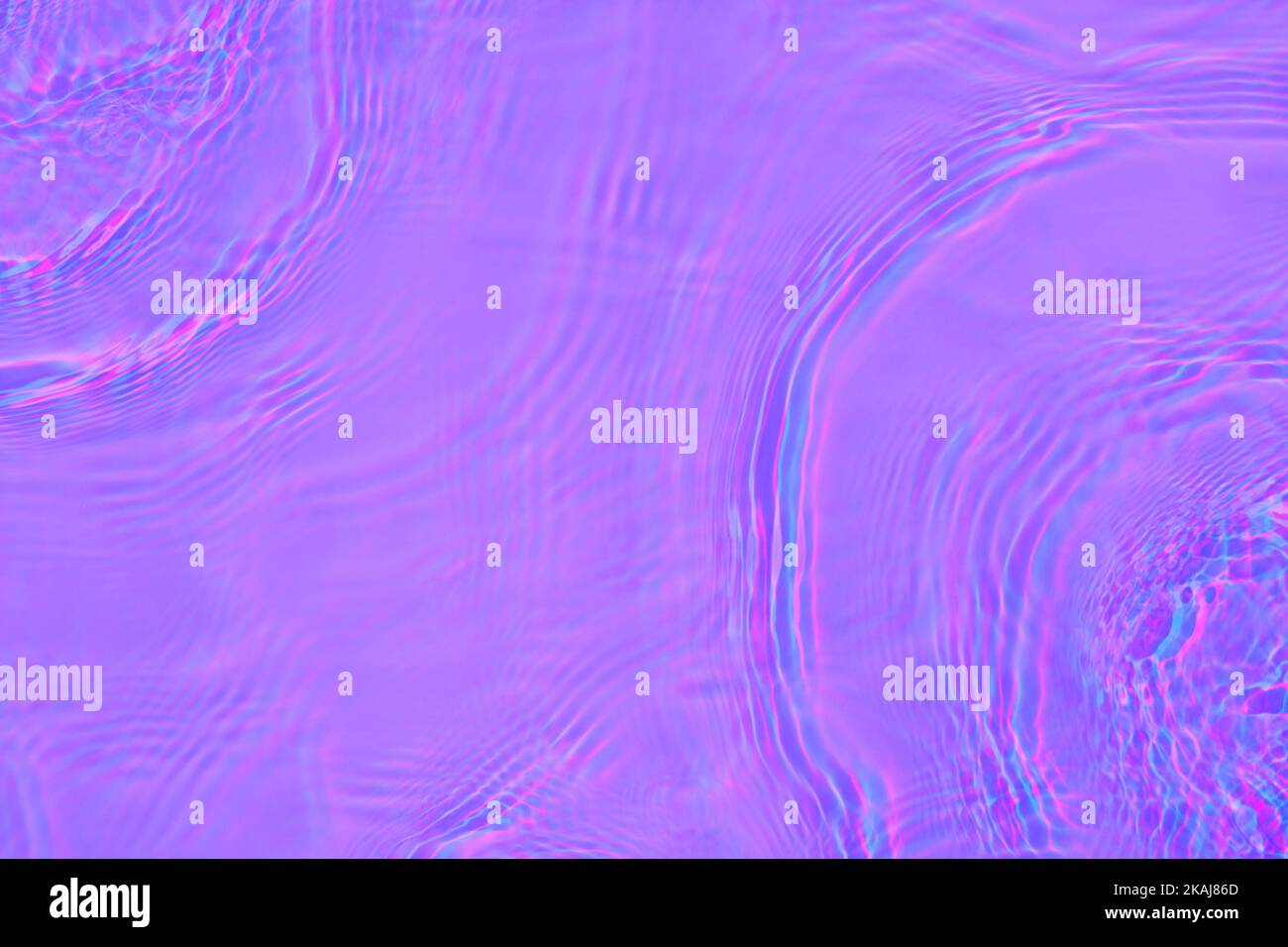 Purple transparent holographic water surface texture with ripples, splashes. Abstract anaglyph 3d glitch summer background Neon colored waves with cop Stock Photo