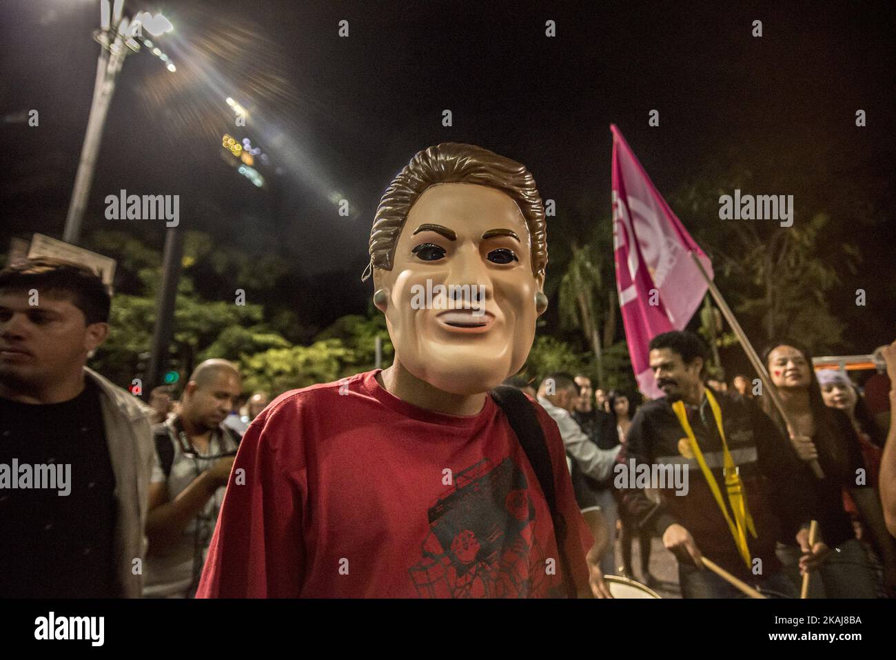 :Demonstrators protest calling against Brazil's President Dilma Rousseff's impeachment in Sao Paulo, Brazil, May 9, 2016. The impeachment of Brazilian President Dilma Rousseff was thrown into confusion when Waldir Maranhao, the interim speaker of the lower house of Congress annulled on May 9, 2016 an April vote by lawmakers to launch the process. He wrote in an order that a new vote should take place on whether to impeach Rousseff. Stock Photo