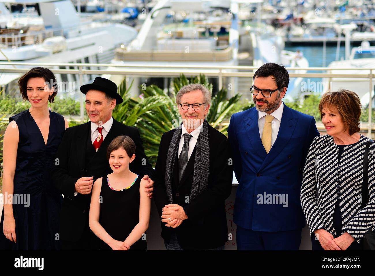 British actress Rebecca Hall, British actor Mark Rylance, US actress Ruby Barnhill, US director Steven Spielberg, New Zealander actor Jemaine Clement and British actress Penelope Wilton pose on May 14, 2016 during a photocall for the film 'The BFG' at the 69th Cannes Film Festival in Cannes, southern France.  (Photo by Isa Saiz/NurPhoto) *** Please Use Credit from Credit Field *** Stock Photo