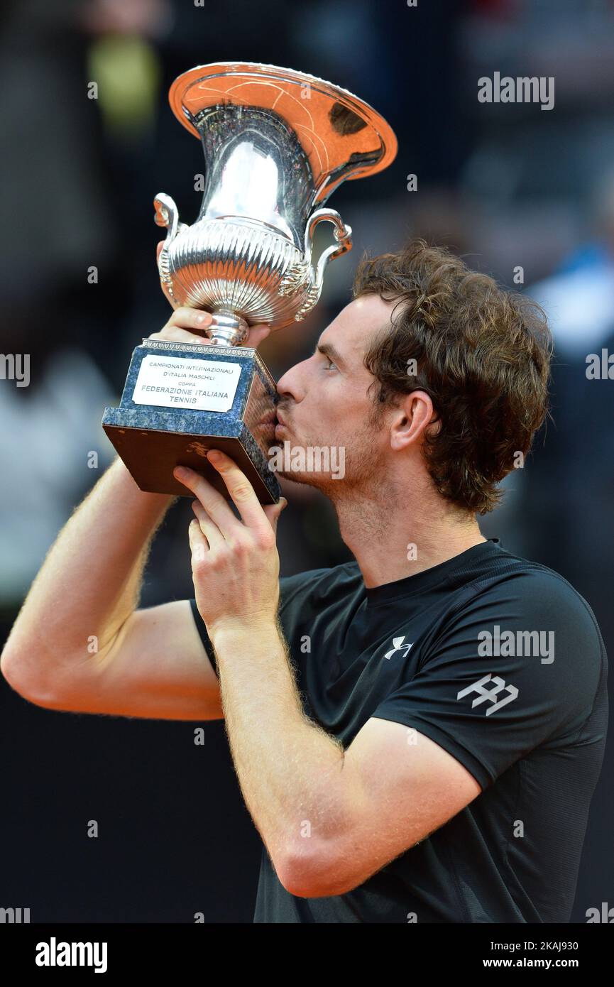 Britain's Andy Murray kisses his trophy after winning the men's final match against Novak Djokovic of Serbia at the ATP Tennis Open on May 15, 2016 at the Foro Italico in Rome. *** Please Use Credit from Credit Field *** Stock Photo