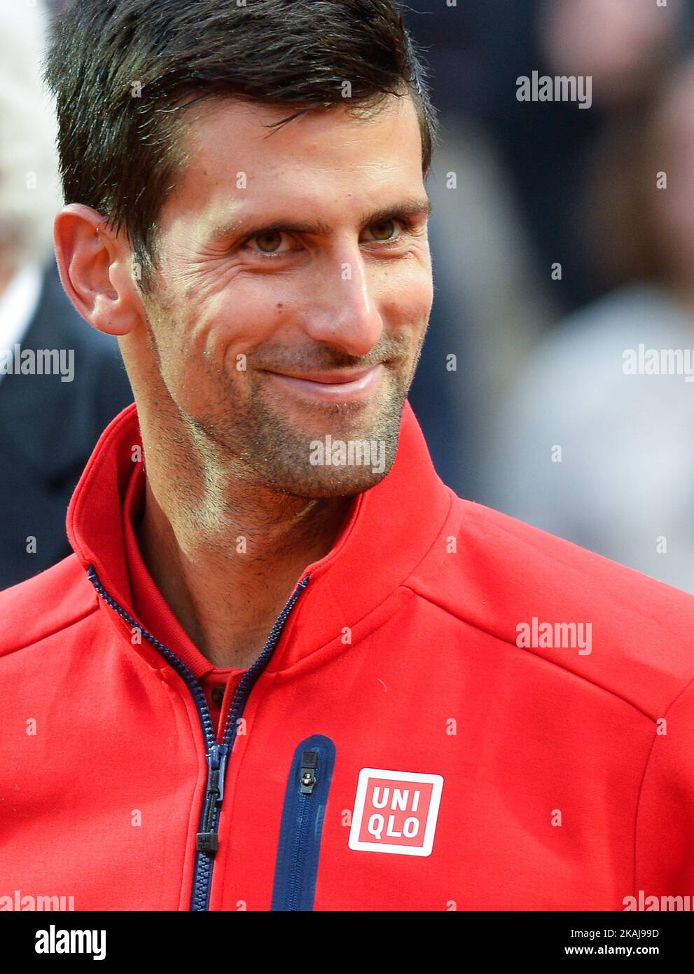 Serbia's Novak smiles during the final match of the ATP Tennis Open tournament game at the Foro Italico in Rome on May 15, 2016.  (Photo by Silvia Lore/NurPhoto) *** Please Use Credit from Credit Field *** Stock Photo