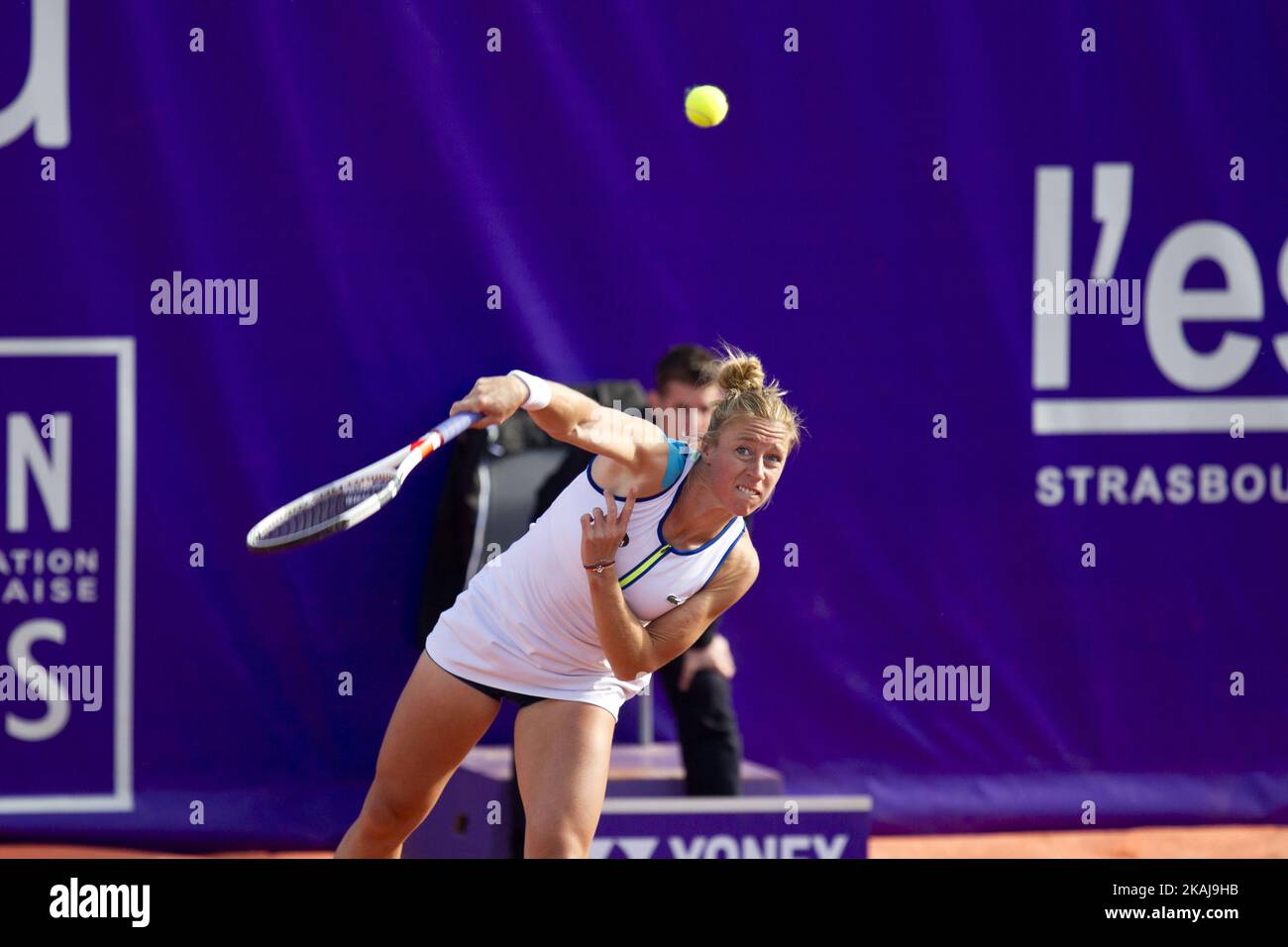 France's Pauline Parmentier in action against Mirjana LUCIC-BARONI during  their match on May 19, 2016, in Strasbourg, France, at the Strasbourg  International. First major event of the French women's tennis on clay