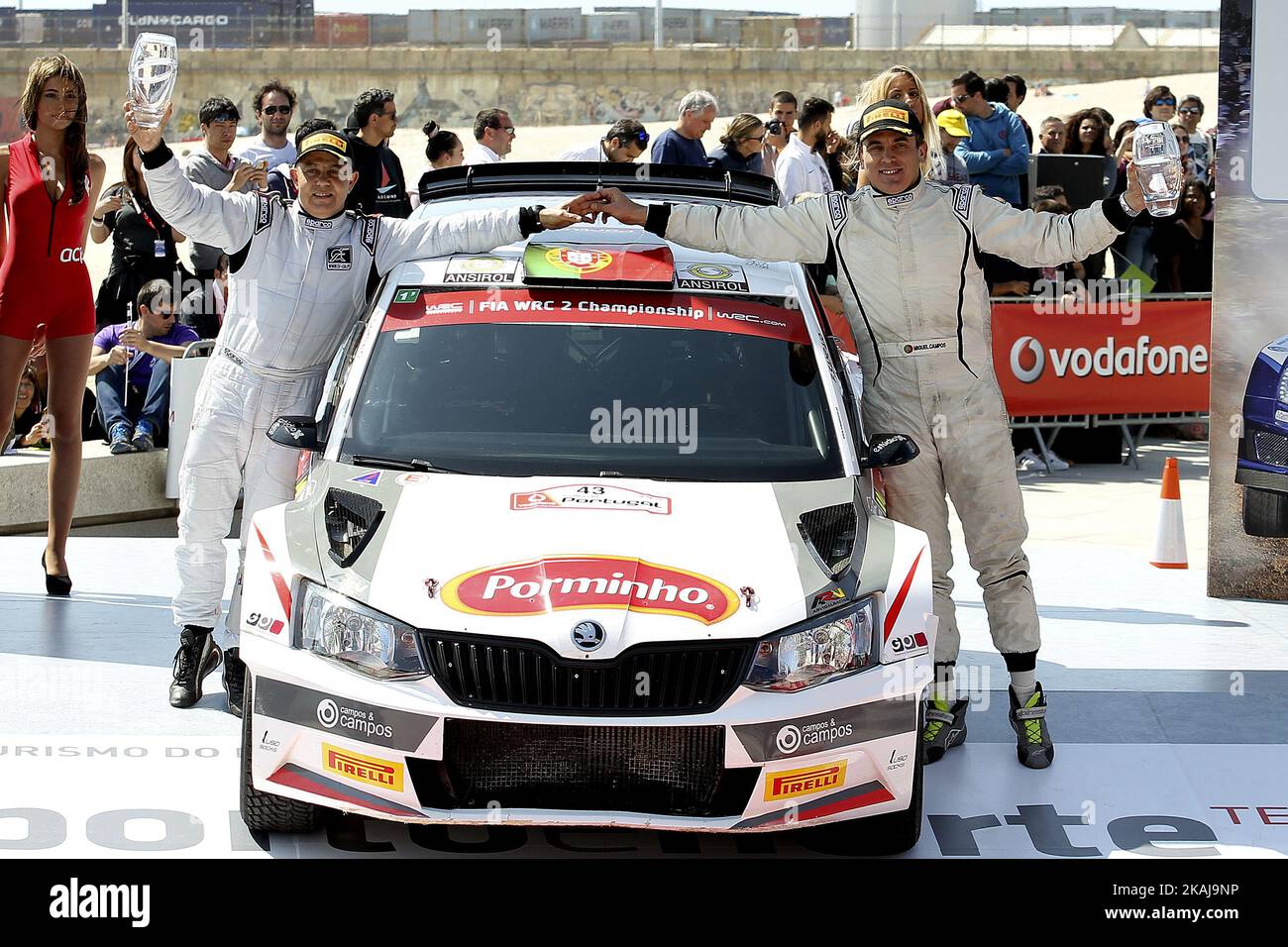 MIGUEL CAMPOS and CARLOS A. MAGALHÃES in SKODA FABIA R5 of team MIGUEL JORGE RIBEIRO DE CAMPOS Portuguese rally winners during the ceremony podium of the WRC Vodafone Rally Portugal 2016 in Matosinhos - Portugal, on May 22, 2016. (Photo by Paulo Oliveira / DPI / NurPhoto) *** Please Use Credit from Credit Field *** Stock Photo