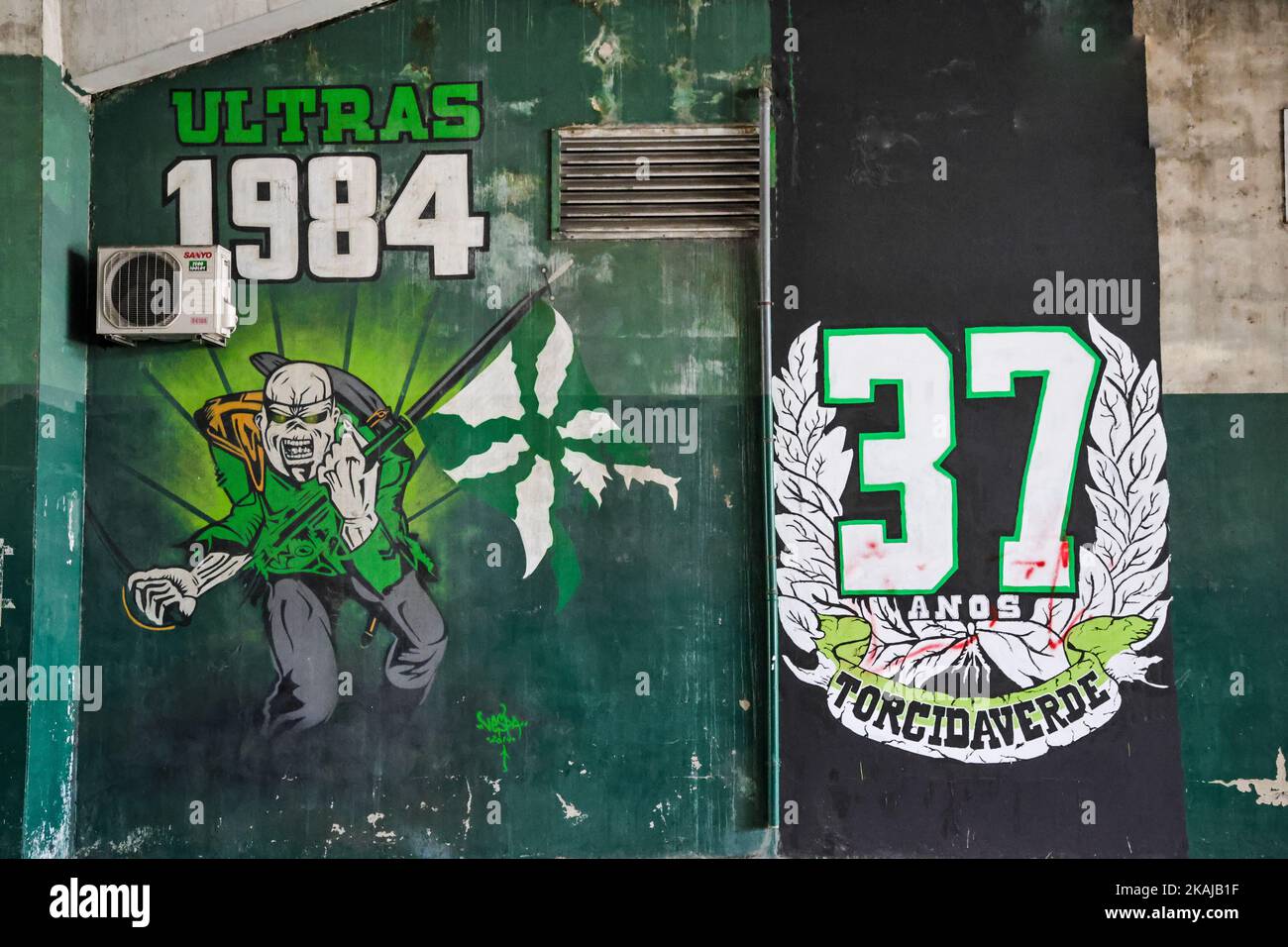 The Torcida Verde's graffiti art on the walls of  Jose Alvalade Stadium Stock Photo