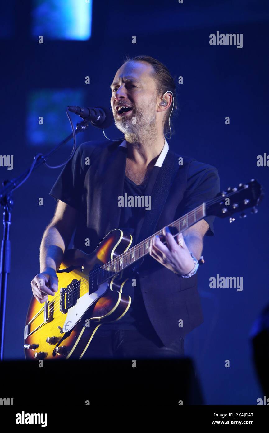 British band Radiohead lead singer Thom Yorke performs at the NOS Alive music festival in Lisbon, on July 8, 2016. (Photo by Pedro Fiúza/NurPhoto) *** Please Use Credit from Credit Field *** Stock Photo