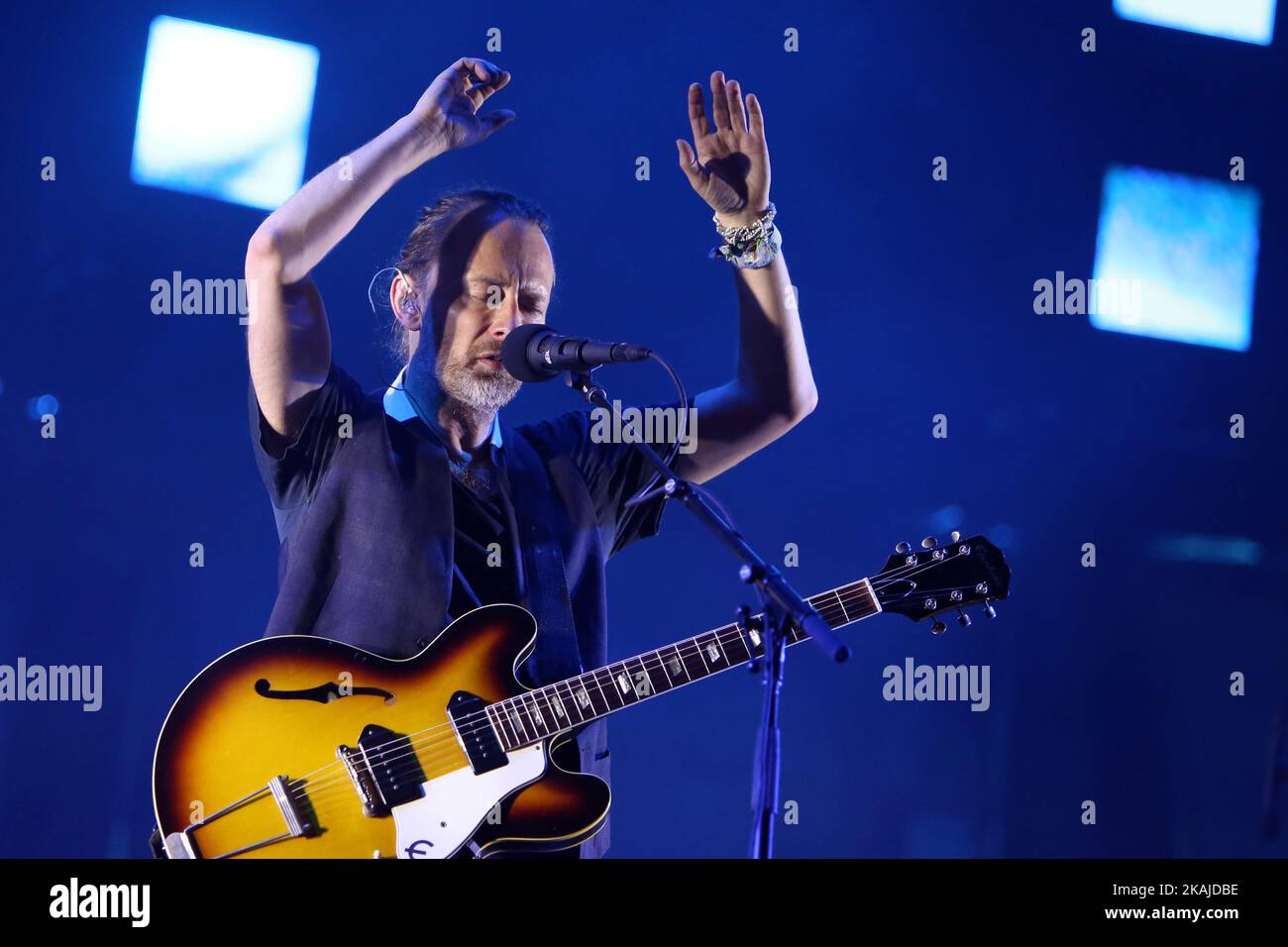 British band Radiohead lead singer Thom Yorke performs at the NOS Alive music festival in Lisbon, on July 8, 2016. (Photo by Pedro Fiúza/NurPhoto) *** Please Use Credit from Credit Field *** Stock Photo