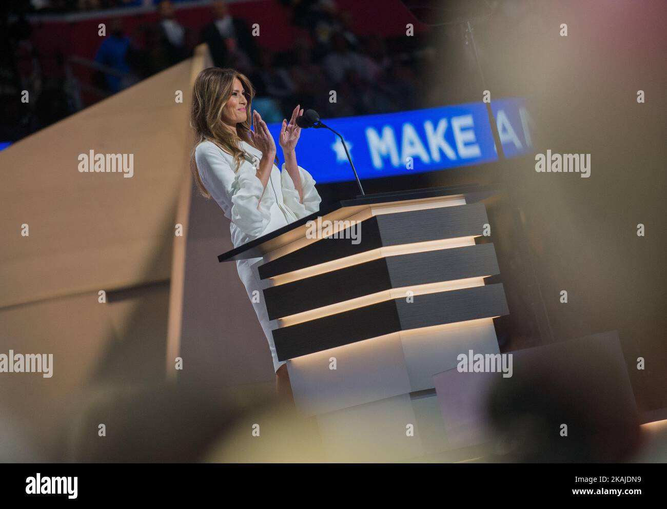 Melania Trump, wife of presumptive Republican presidential candidate Donald Trump, addresses delegates on the first day of the Republican National Convention on July 18, 2016 at Quicken Loans Arena in Cleveland, Ohio. The Republican Party opened its national convention, kicking off a four-day political jamboree that will anoint billionaire Donald Trump as its presidential nominee. (Photo by Zach D Roberts/NurPhoto) *** Please Use Credit from Credit Field *** Stock Photo