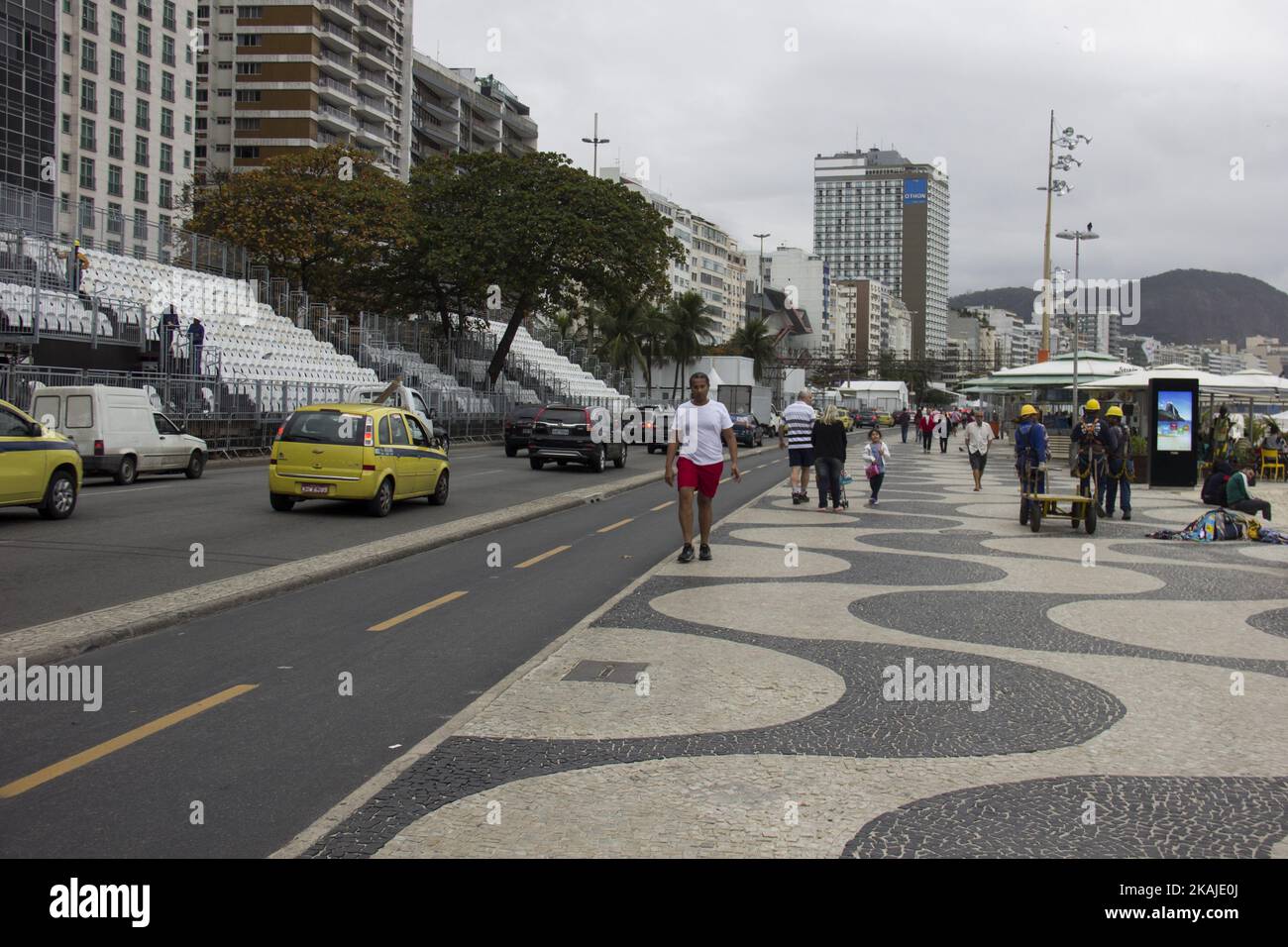 Rio de Janeiro, Brazil, 21 July 2016: Missing a few days to the start of the Olympic Games Rio 2016, Copacabana, the most famous beach of the city, gets the finishing touches to get the Olympic competitions to be held there. On site will be played the Marathon Swimming, road cycling and Pentathlon. The stands for the public have been installed. (Photo by Luiz Souza/NurPhoto) *** Please Use Credit from Credit Field *** Stock Photo
