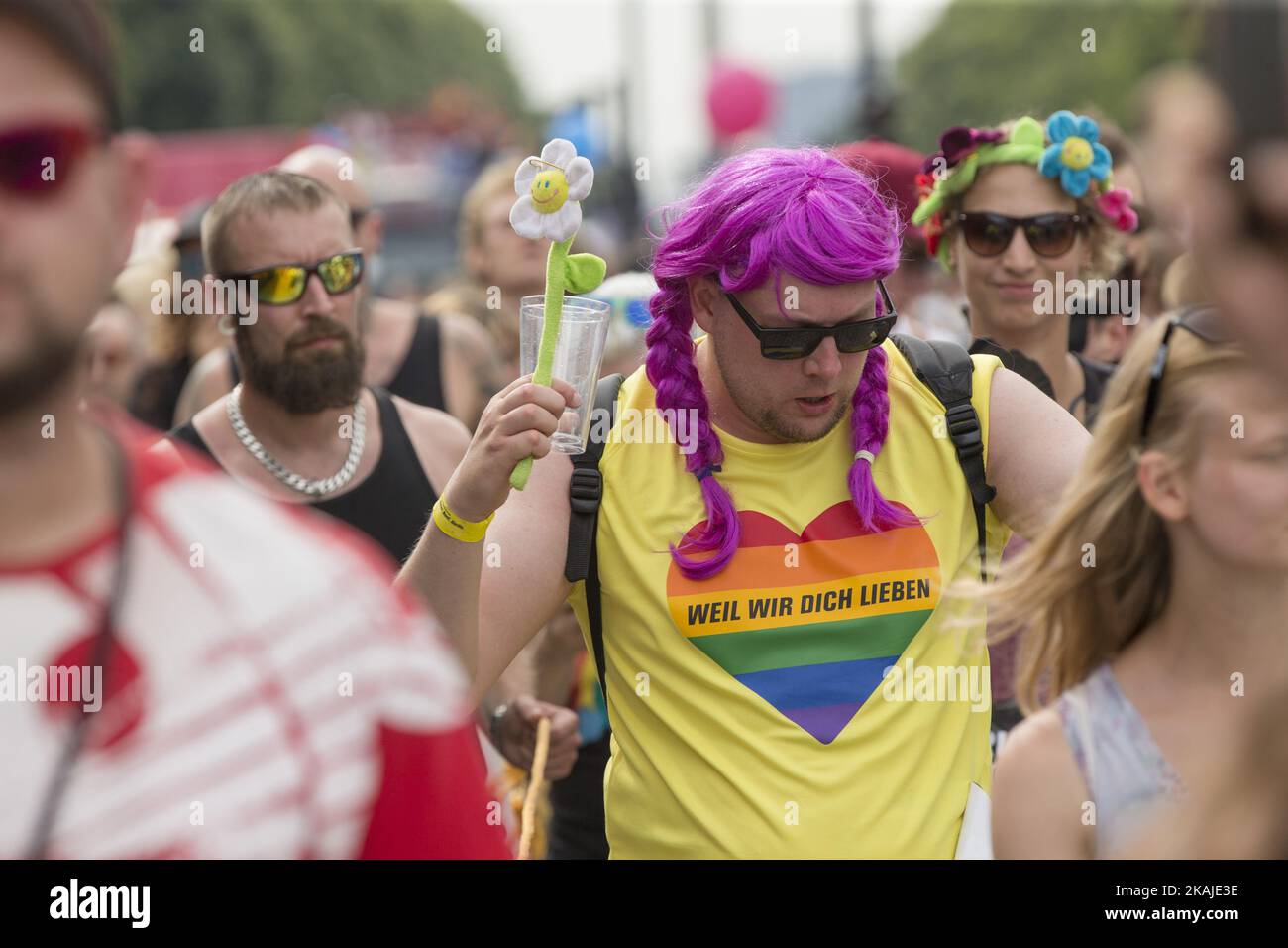 Revellers attend the Christopher Street Day (CSD) parade in Berlin, Germany on July 23, 2016. Motto of the annual parade, one of the biggest in Europe, is 'Danke für nix' (Thanks for nothing) as the organisers denounce an enduring discrimination in the German legislation in matter marriage and family for lesbians, gays, bisexuals, and transgenders. (Photo by Emmanuele Contini/NurPhoto) *** Please Use Credit from Credit Field *** Stock Photo