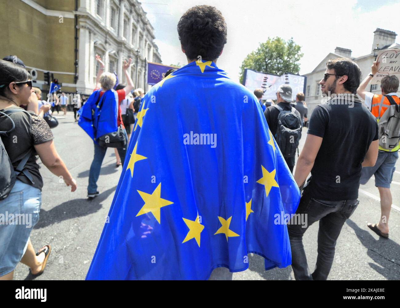 Hundreds of Pro-European campaigners marched to 10 Downing Street, London, on 23th July 2016 to show support for a stronger Europe and to remain in the EU. A referendum for Great Britain to leave the EU was held on June 23rd and passed. (Photo by Gail Orenstein/NurPhoto) *** Please Use Credit from Credit Field *** Stock Photo