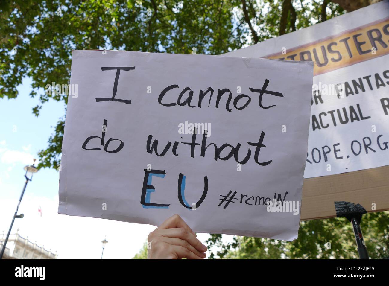 Hundreds of Pro-European campaigners marched to 10 Downing Street, London, on 23th July 2016 to show support for a stronger Europe and to remain in the EU. A referendum for Great Britain to leave the EU was held on June 23rd and passed. (Photo by Gail Orenstein/NurPhoto) *** Please Use Credit from Credit Field *** Stock Photo
