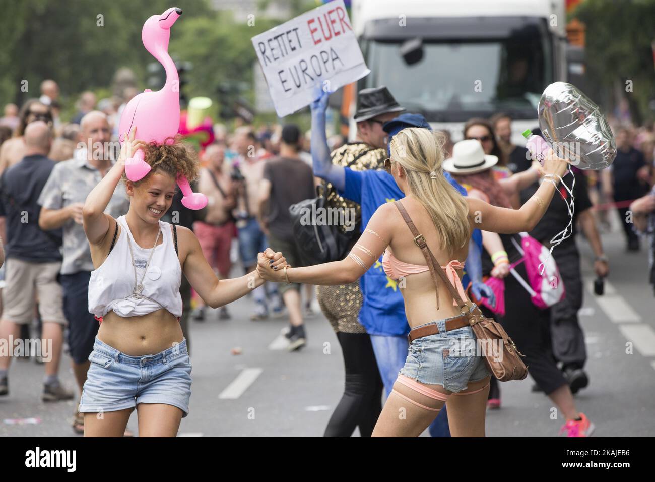 Revellers dance at the Christopher Street Day (CSD) parade in Berlin, Germany on July 23, 2016. Motto of the annual parade, one of the biggest in Europe, is 'Danke für nix' (Thanks for nothing) as the organisers denounce an enduring discrimination in the German legislation in matter marriage and family for lesbians, gays, bisexuals, and transgenders. (Photo by Emmanuele Contini/NurPhoto) *** Please Use Credit from Credit Field *** Stock Photo