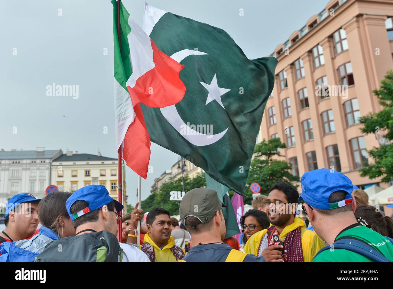 A general view of Krakow main square with pilgrims from from Pakistan and Italy ahead  of the official opening Mass and the World Youth Day 2016 in Blonia Park in Krakow  On Tuesday, 26 July 2016, in Krakow, Poland.   Photo by Artur Widak *** Please Use Credit from Credit Field *** Stock Photo