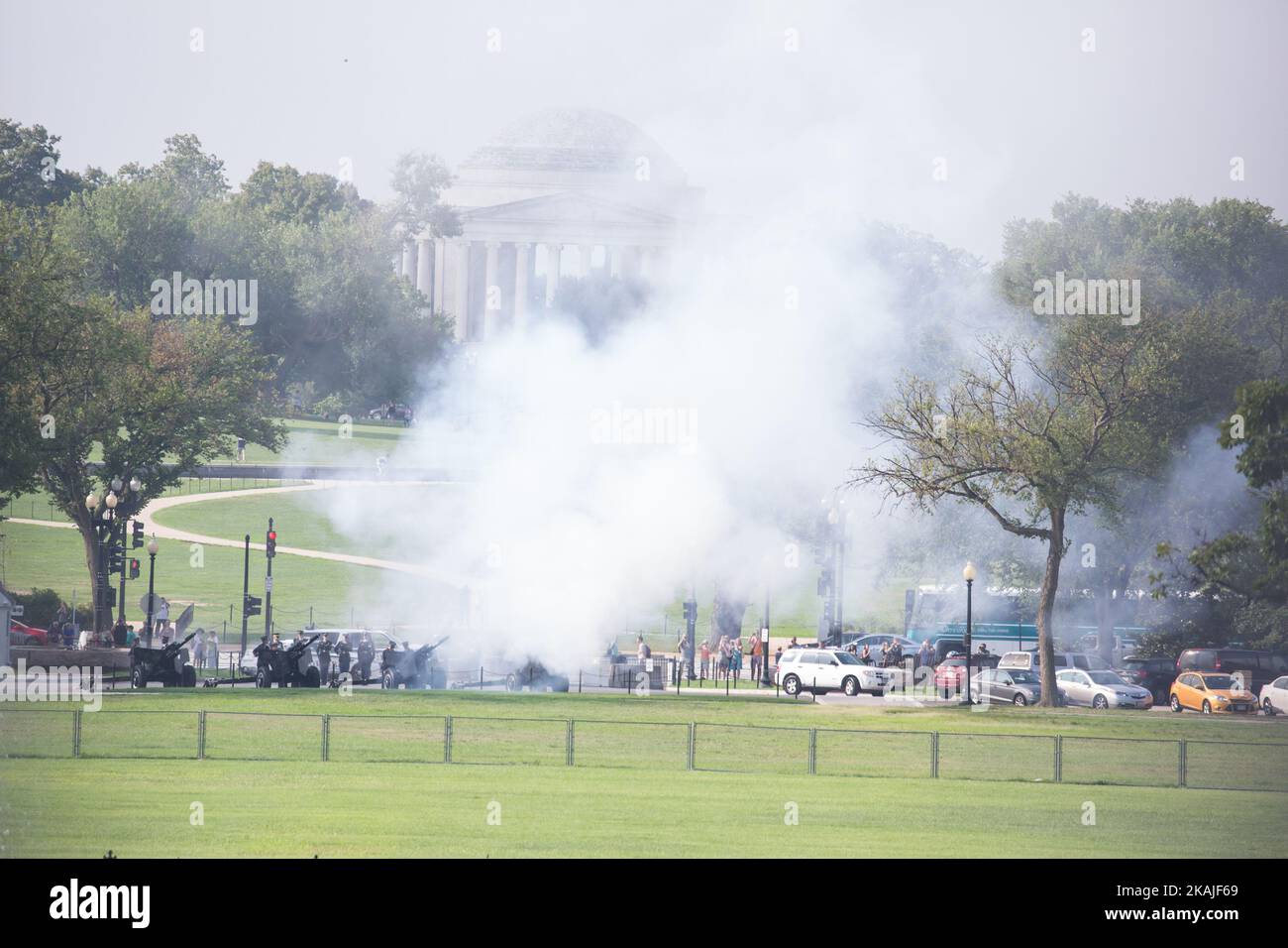 Washington, D.C. — On Tuesday, August 2, on the South Lawn of the White House, The canons are fired, with the Jefferson Memorial in the background, at the start of the  State Arrival ceremony. (Photo by Cheriss May/NurPhoto) *** Please Use Credit from Credit Field *** Stock Photo