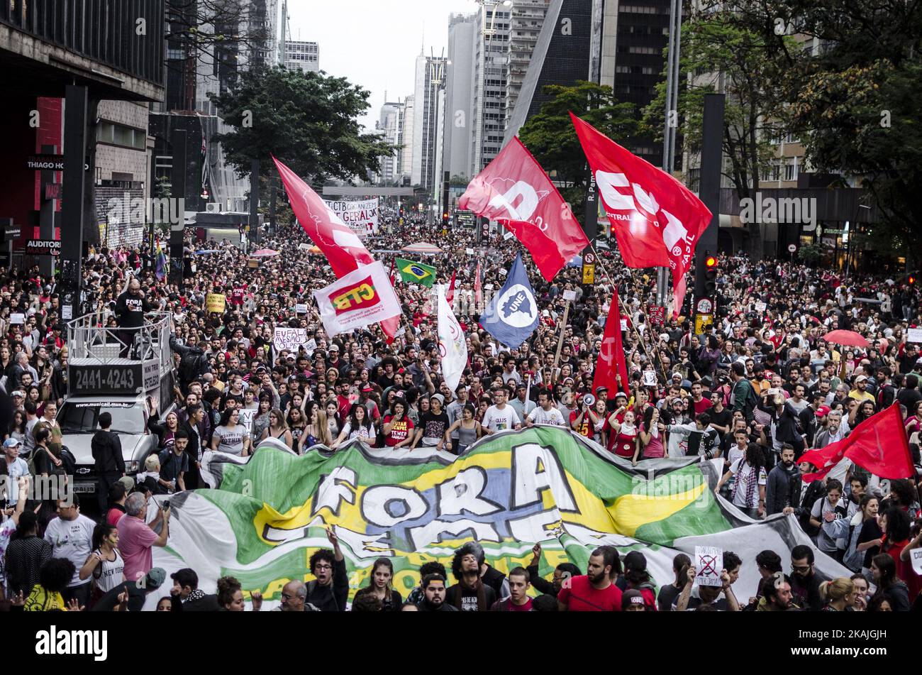 Massive demonstration against the presidency of Michel Temer is realized in Sao Paulo, Brazil on 4 September 2016. According to organizers, more than 100.000 people attended to the protest who demands Temer - who got president with the impeachment of Dilma Rousseff - to leave office by calling new direct elections on October 2nd. Michel Temer was called 'putschist' during the rally that started in Paulista avenue, downtown Sao Paulo, and finished in the west part of the city, when the police, without reason, started firing bombs, tear gas bombs and rubber bullets against demonstrators (Photo b Stock Photo
