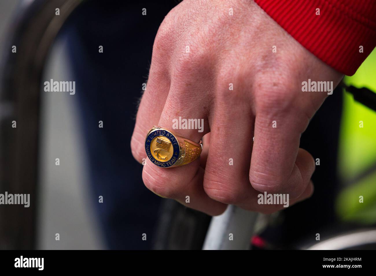WASHINGTON, DC – On Thursday, September 29, on the North Portico of the White House in Washington, DC, September 29, 2016, a closeup of Paralympian Tatyana McFadden's ring. (Photo by Cheriss May/NurPhoto) *** Please Use Credit from Credit Field *** Stock Photo