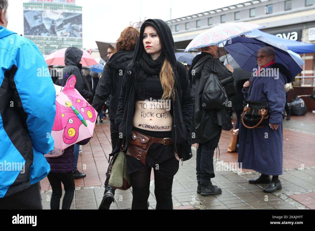 Few thousands people took part in the so-called Black Protest or General Woman Strike in response to a proposed bill to completely ban abortion in the country, in Gdansk, Poland, on October 3, 2016. Proposed new law would criminalise all abortions. The action is organized to express the opposition to the tightening of the anti-abortion law and according to its name all of the participants wear black. Stock Photo
