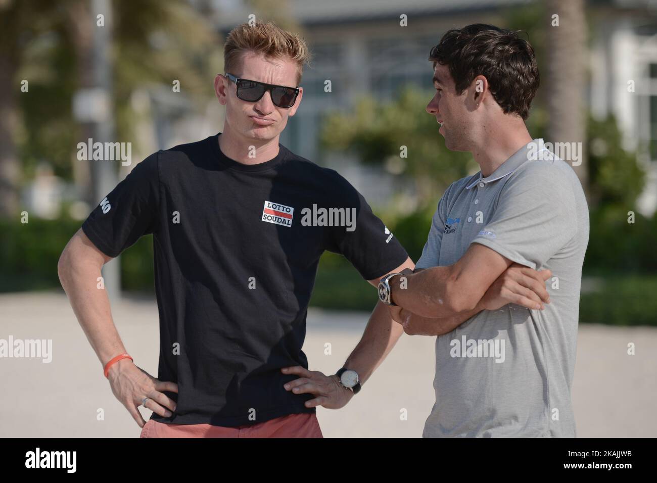 André Greipel (Left), a German professional road bicycle racer for UCI World Tour team Lotto–Soudal, chats with Michael Matthews (Right), an Australian track and road cyclist who rides for UCI ProTeam Orica–BikeExchange, a day before the Emirates’ four-stage professional cycling race, the Abu Dhabi Tour (20-23 October). On Wednesday, 19 October 2016, in St Regis Hotel, Abu Dhabi, UAE. Photo by Artur Widak *** Please Use Credit from Credit Field *** Stock Photo