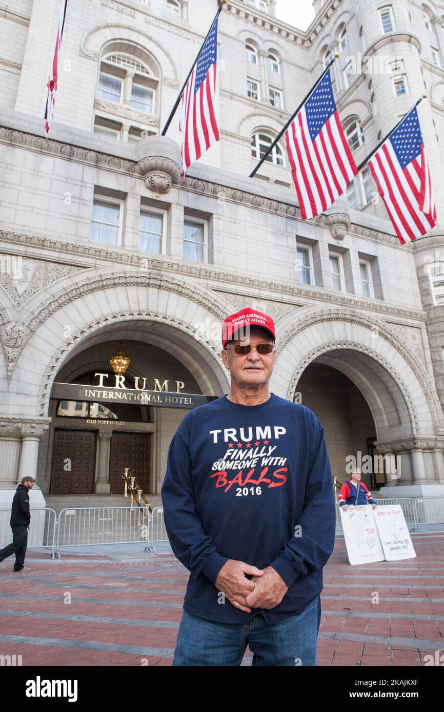 Dean Cox from Modesto, Ca., a supporter of U.S. Presidential candidate Donald J. Trump, says he's voting for Trump because he will bring jobs to the U.S., stands outside of Trump International Hotel - Old Post Office, in Washington, DC on October 26, 2016. (Photo by Cheriss May/NurPhoto) *** Please Use Credit from Credit Field *** Stock Photo