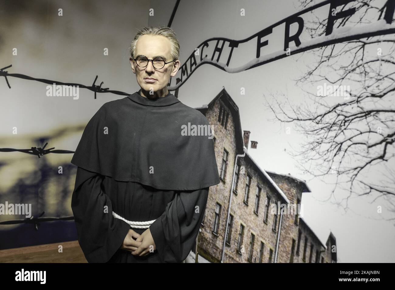A wax figure of Father Maximilian Maria Kolbe, a Polish Conventual Franciscan friar, who volunteered to die in place of a stranger in the German death camp of Auschwitz, located in German-occupied Poland during World War II, seen in 'Polonia' Wax Museum, one of the latest and most popular tourist attraction in Krakow city center.  On Sunday, 6 November 2016, in Krakow, Poland. Photo by Artur Widak *** Please Use Credit from Credit Field *** Stock Photo