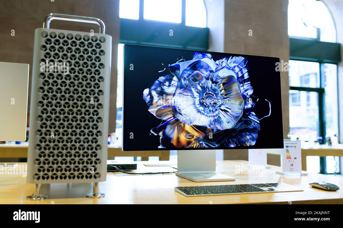 Paris, France - Oct 28, 2022: Front view of powerful Mac Pro workstation next to to Pro Display XDR monitor inside Apple Store Stock Photo