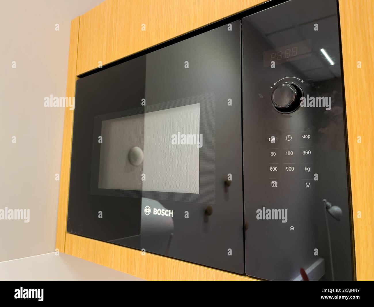 Paris, France Oct 20, 2022 Side view of modern Bosch microwave oven