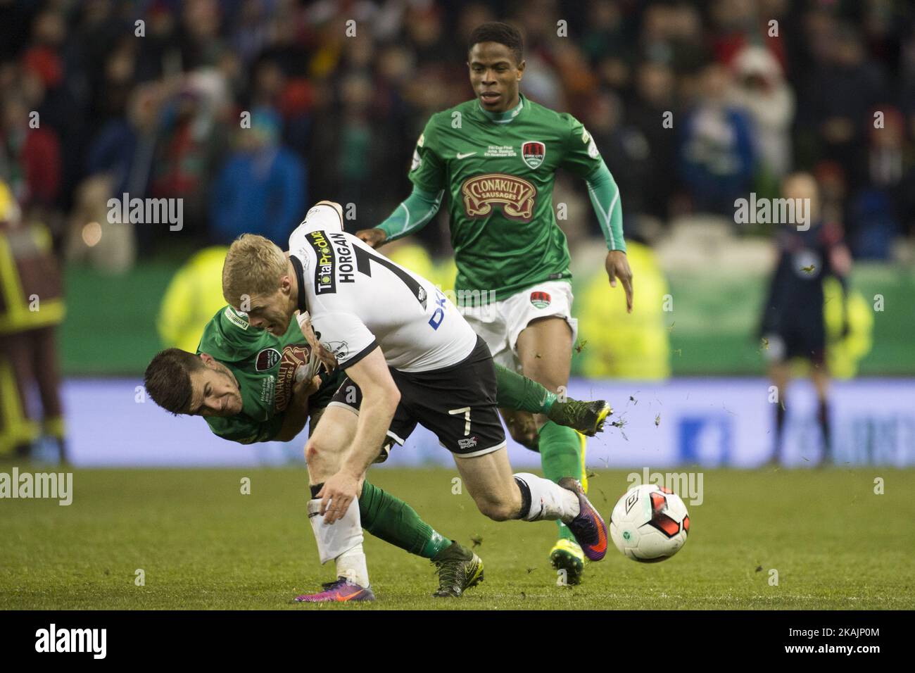 Daryl Horgan of Dundalk duels with Steven Beattie of Cork during the Irish Daily Mail FAI Senior Cup Final 2016 match between Cork City and Dundalk FC at Aviva Stadium in Dublin, Ireland on November 6, 2016.  Stock Photo