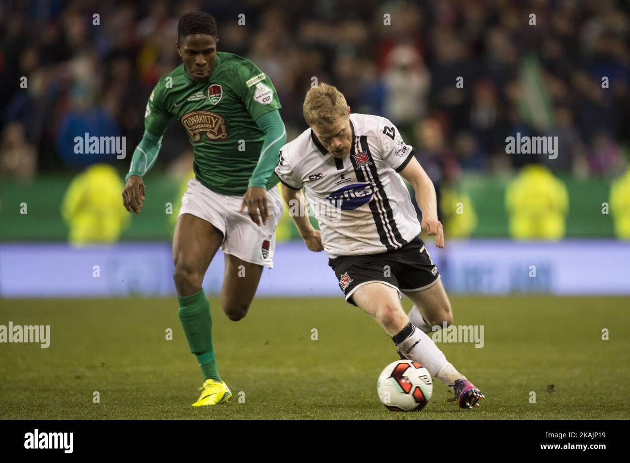 Daryl Horgan of Dundalk and Chiedozie Ogbene of Cork during the Irish Daily Mail FAI Senior Cup Final 2016 match between Cork City and Dundalk FC at Aviva Stadium in Dublin, Ireland on November 6, 2016.  Stock Photo