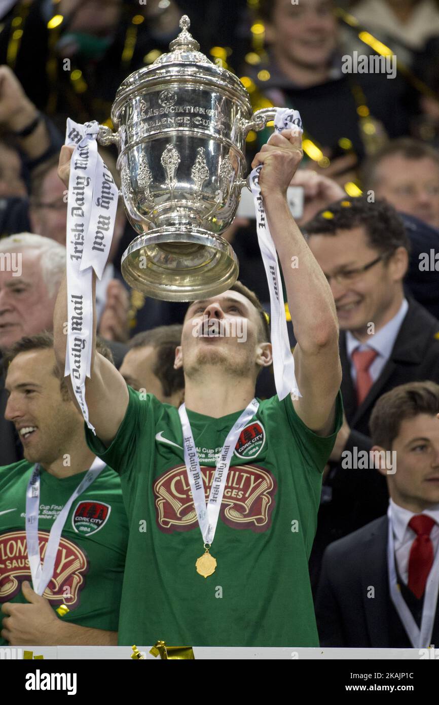 Garry Buckley of Cork with the trophy during the Irish Daily Mail FAI Senior Cup Final 2016 match between Cork City and Dundalk FC at Aviva Stadium in Dublin, Ireland on November 6, 2016. Stock Photo