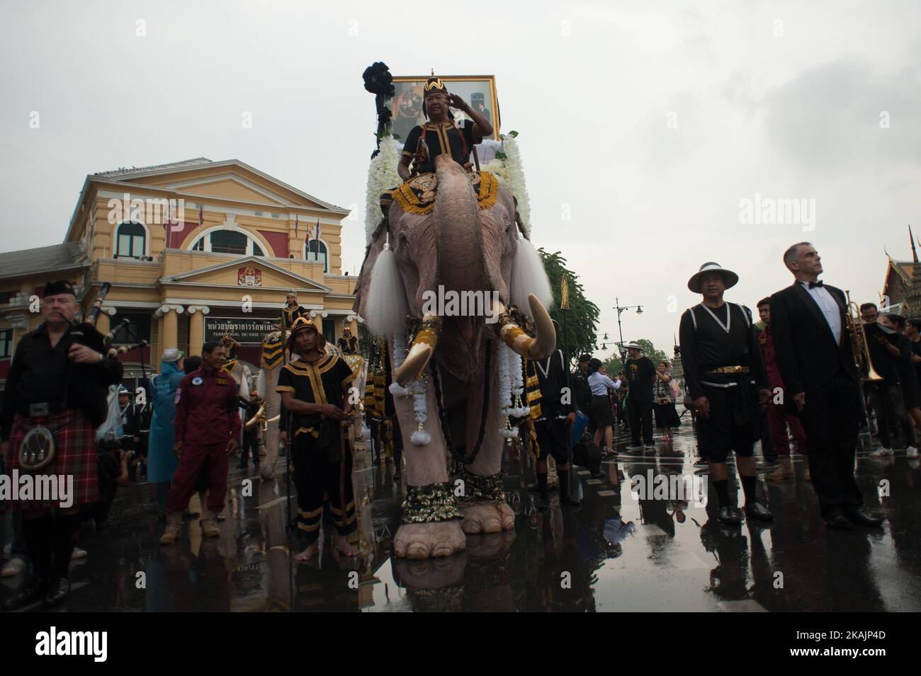 A mahout leads a procession of 11 white elephants outside the Grand Palace in honor of the late Thai King Bhumibol Adulyadej in Bangkok, Thailand, on November 8, 2016. Thailand's King Bhumibol Adulyadej died at the age of 88 on October 13 after years of ill health, ending a seven-decade reign and leaving the politically divided nation without its key pillar of unity. (Photo by Anusak Laowilas/NurPhoto) *** Please Use Credit from Credit Field *** Stock Photo