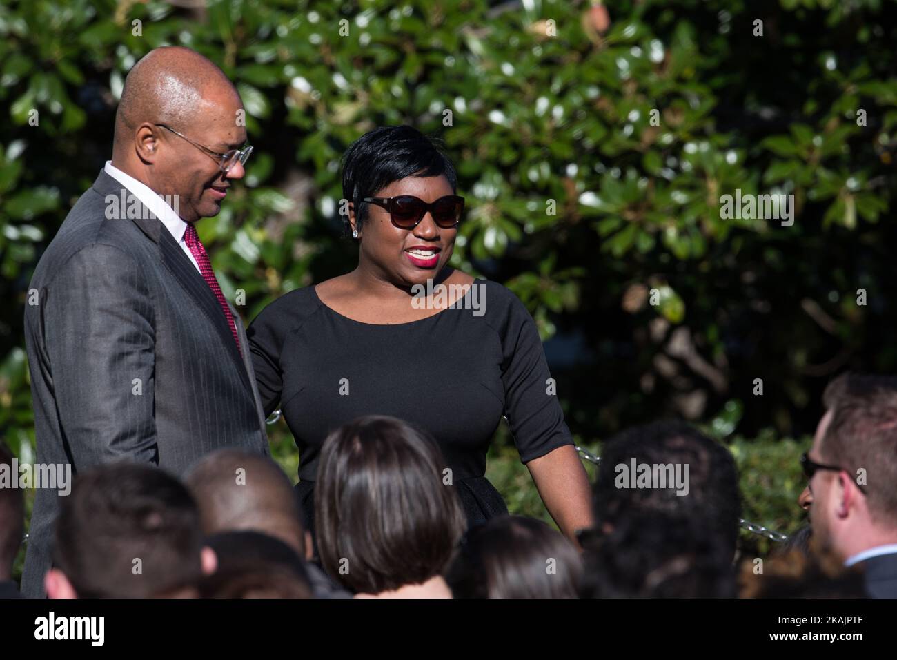 (l-r), Broderick Johnson, Assistant to the President and White House Cabinet Secretary for President Obama, and Deesha Dyer, White House Social Secretary, talk to guests at the ceremony honoring the 2016 NBA Champion Cleveland Cavaliers, on the South Lawn of the White House in Washington, D.C. on Thursday, November 10, 2016. (Photo by Cheriss May/NurPhoto) *** Please Use Credit from Credit Field *** Stock Photo