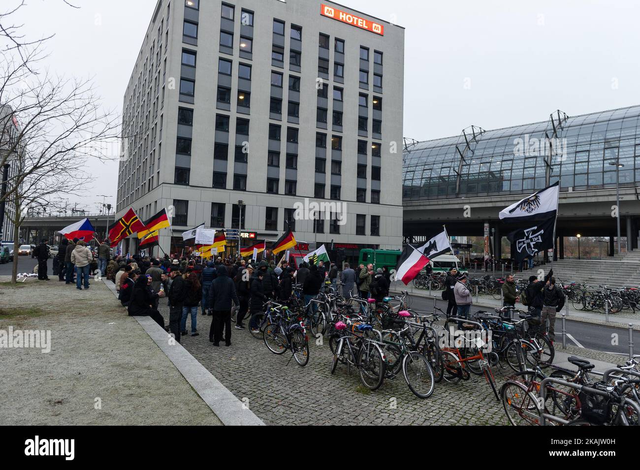Supporters of the Pegida movement, in Berlin known by its local chapter as Baergida, carry flags and shoot anti-government slogan on November 26, 2015 in Berlin, Germany. Pegida is critical of Islam and many of its supporters see Muslim immigration as a threat to Germany. (Photo by Markus Heine/NurPhoto) *** Please Use Credit from Credit Field *** Stock Photo