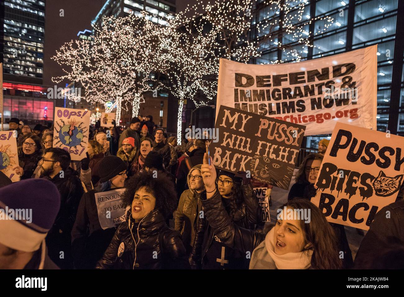 Demonstrators gathered outside of Trump International Hotel and Tower to protest Donald Trump's impending presidency in Chicago on December 1, 2016. (Photo by Max Herman/NurPhoto) *** Please Use Credit from Credit Field *** Stock Photo