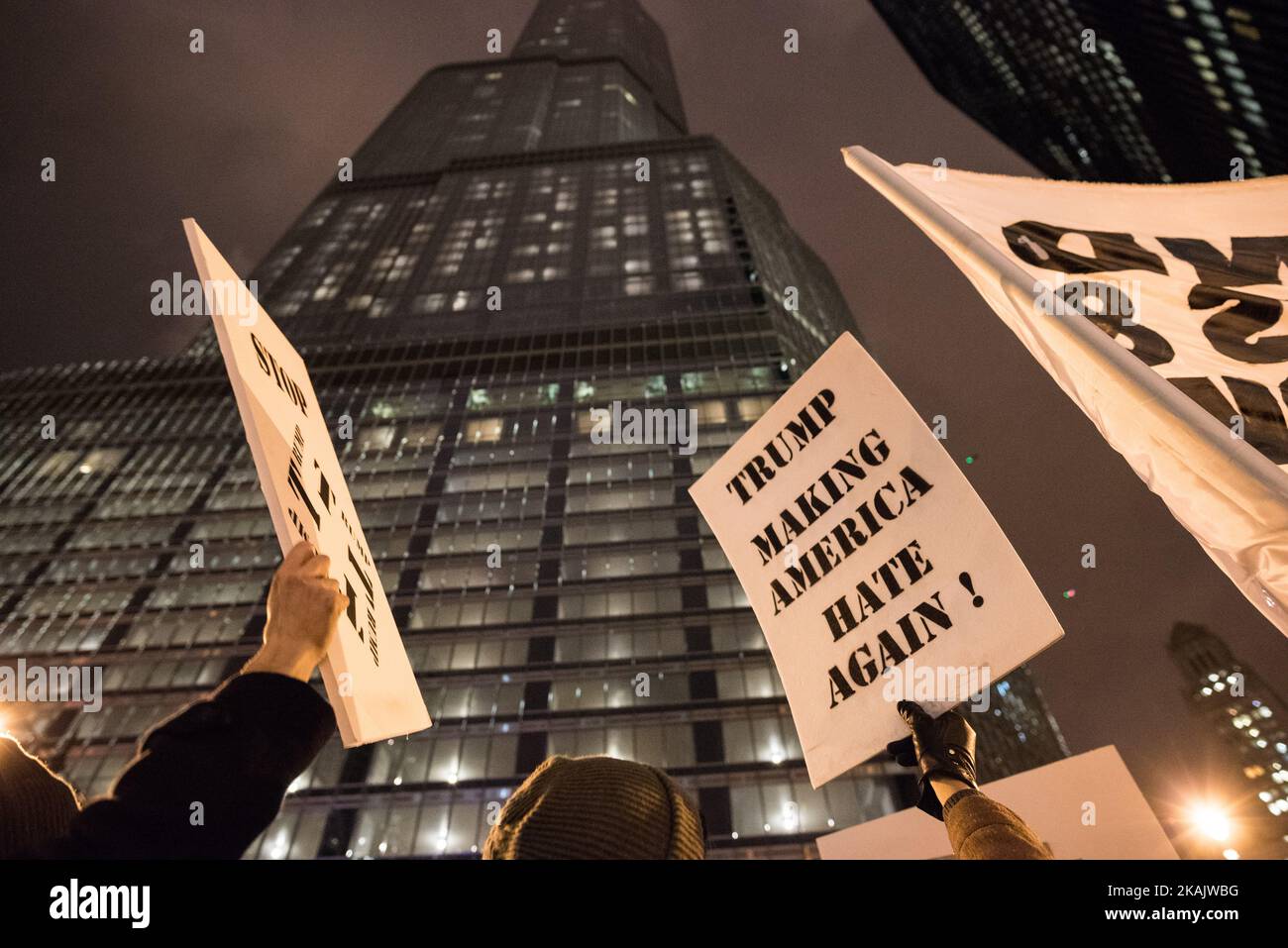 Demonstrators gathered outside of Trump International Hotel and Tower to protest Donald Trump's impending presidency in Chicago on December 1, 2016. (Photo by Max Herman/NurPhoto) *** Please Use Credit from Credit Field *** Stock Photo