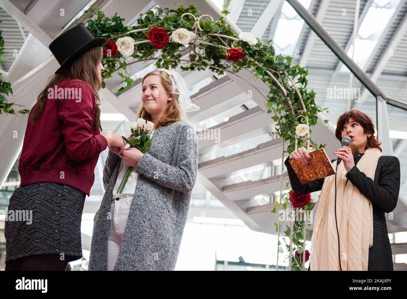 Utrecht Central Station was officially reopened on December 7, by Sharon Dijksma Secretary of the Ministry of Infrastructure and Environment. The opening puts an end to the work in the hall of the station, which lasted six years. Since the number of passengers and passers by Utrecht Centraal has been growing, tangible improvements have been made. Utrecht Central Station is the busiest station in the Netherlands. On peak days there are 220,000 rail passengers and 60,000 passers-by on the floor. Around 1500 daily trains arrive and depart from the station. During the whole day passengers could en Stock Photo