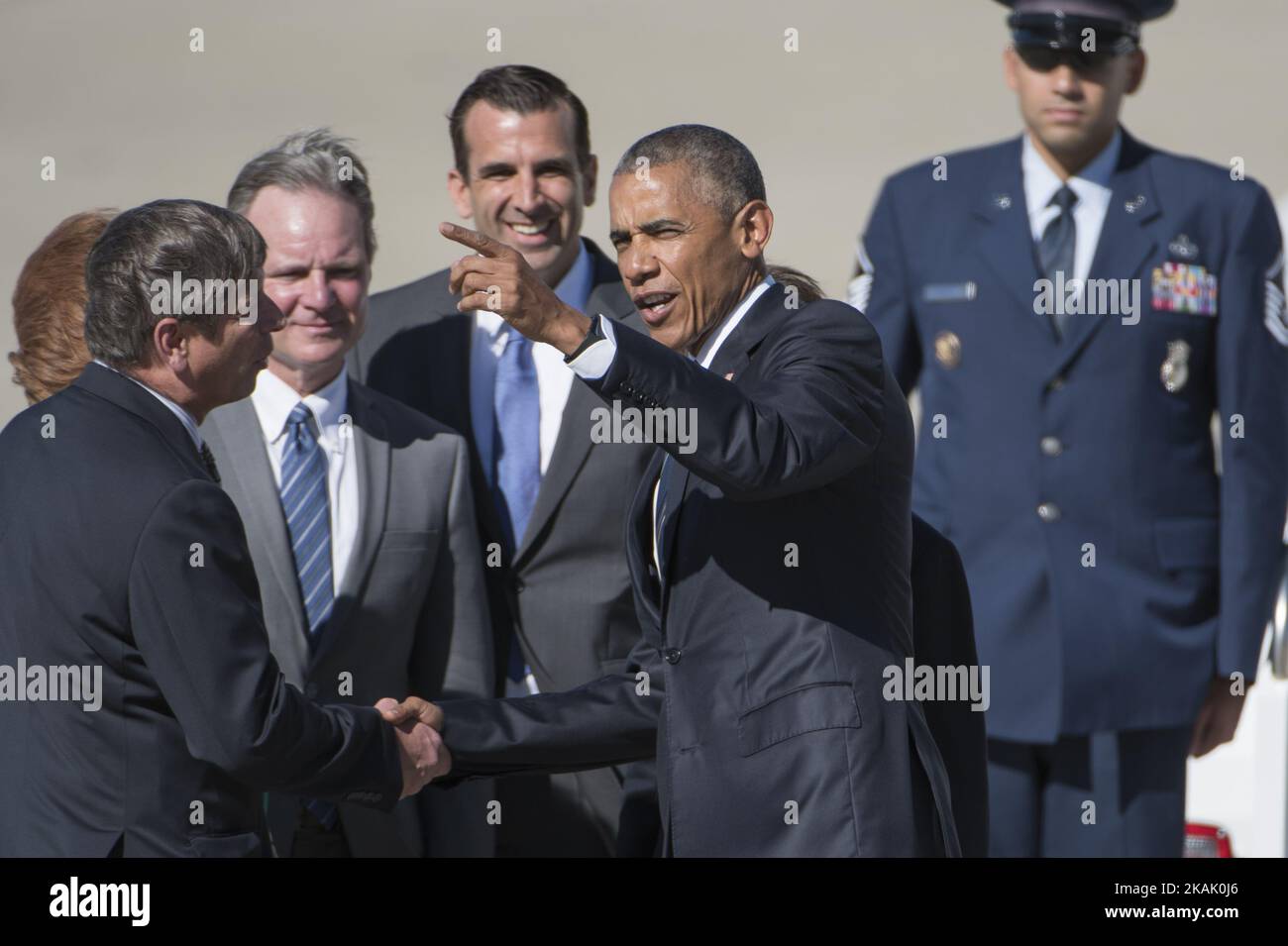 U.S. President Barack Obama greets local politicians at Moffett Federal Airfield on June 23, 2016. President Obama visits California for the 2016 Global Entrepreneurship Summit at Stanford University. (Photo by Yichuan Cao/NurPhoto) *** Please Use Credit from Credit Field *** Stock Photo